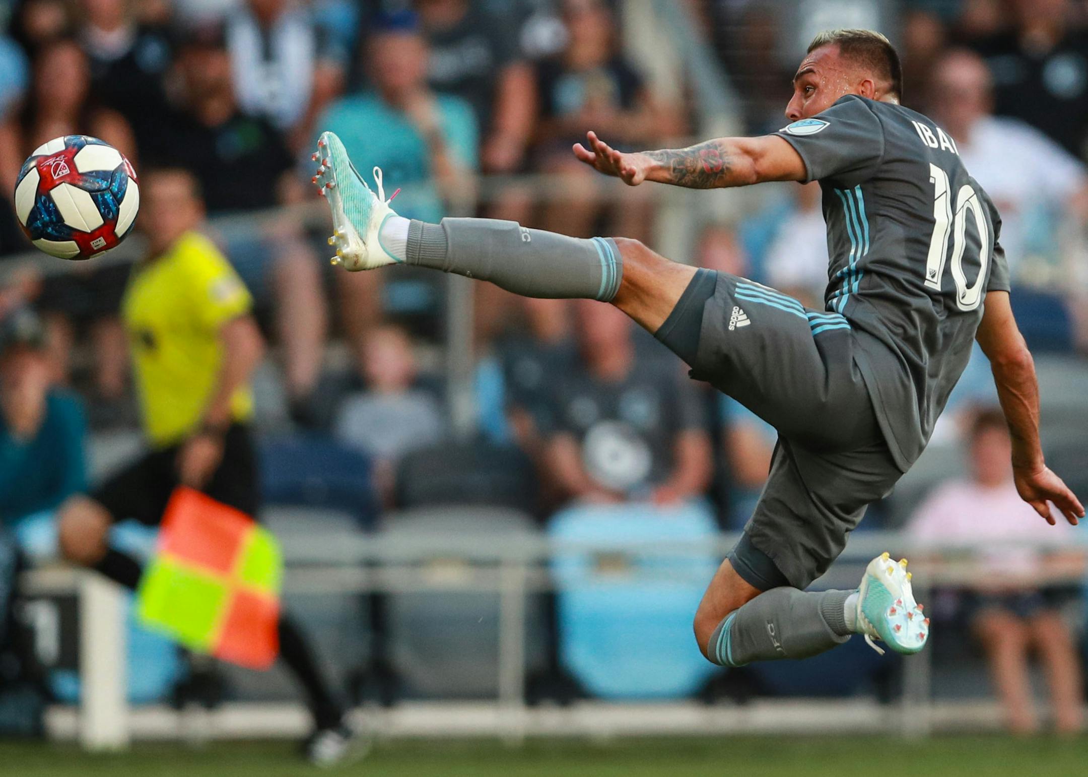 Minnesota United midfielder Miguel Ibarra (10) jumped in the air and fully extended his leg in a vain effort to hit a cross in the box in the first half. ALEX KORMANN • alex.kormann@startribune.com Minnesota United played Vancouver FC on Saturday July 27, 2019 at Allianz Field. Minnesota came into the game on a hot streak while Vancouver entered the night with one of the worst records in the league. The teams were tied 0-0 at the half.