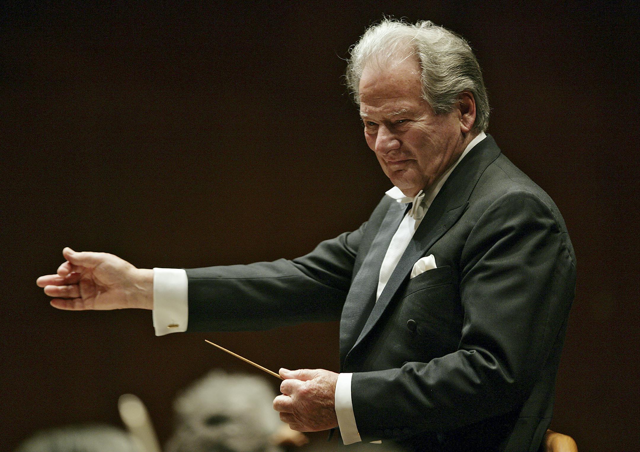 FILE -- Sir Neville Marriner conducts the Academy of St. Martin in the Fields chamber orchestra at Avery Fisher Hall in New York, April 8, 2008. Neville Marriner, a prolific British conductor responsible for some of the best-selling classical recordings of all time, died on Sunday. He was 92. (Jennifer Taylor/The New York Times) ORG XMIT: XNYT102