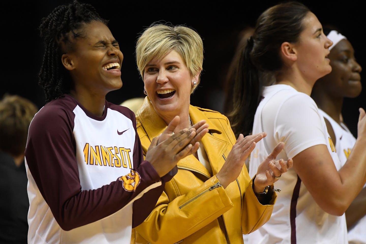 Gophers head coach Marlene Stollings and Kenisha Bell (23) joked after their team's 107-73 victory against Lehigh last season.