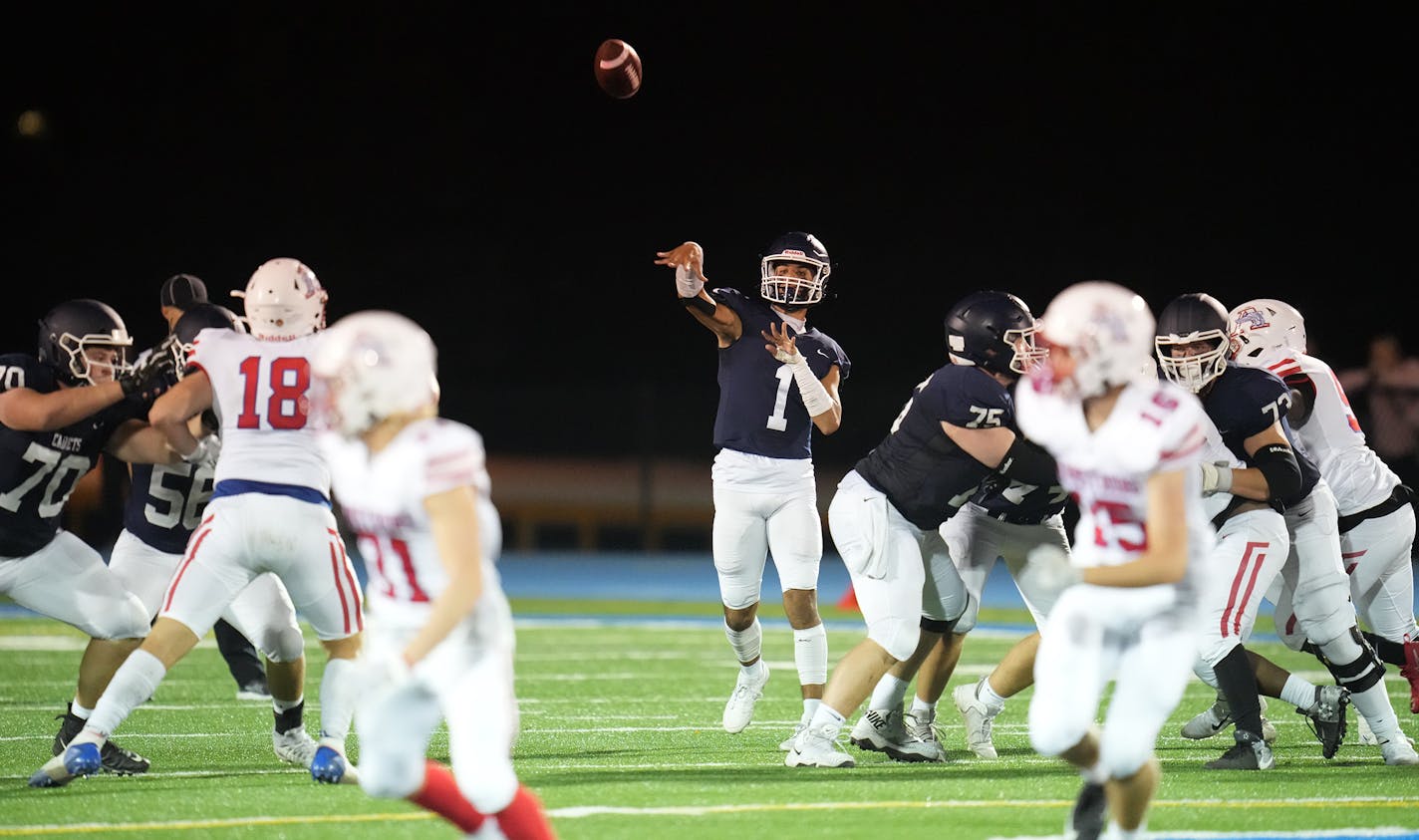 St. Thomas Academy quarterback Maximus Sims (1) throws the ball during the first half of a football game between Robbinsdale Armstrong at St. Thomas Academy in Mendota Heights, Minn. on Friday, Sept. 29, 2023. ] LEILA NAVIDI • leila.navidi@startribune.com ORG XMIT: MIN2309292032390130