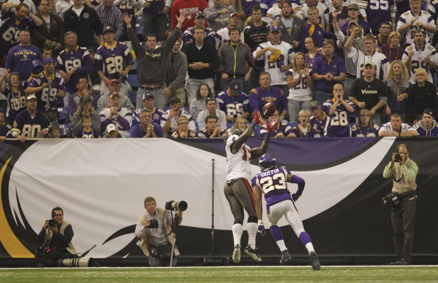 Tampa Bay wide receiver Arrelious Benn caught a 25 yard touchdown pass in front of Minnesota's Cedric Griffin in the fourth quarter. The Vikings lost to the Tampa Bay Buccaneers 23-20 in their home opener Sunday afternoon, September 18, 2011 at Mall of America Field in Minneapolis, Minn.