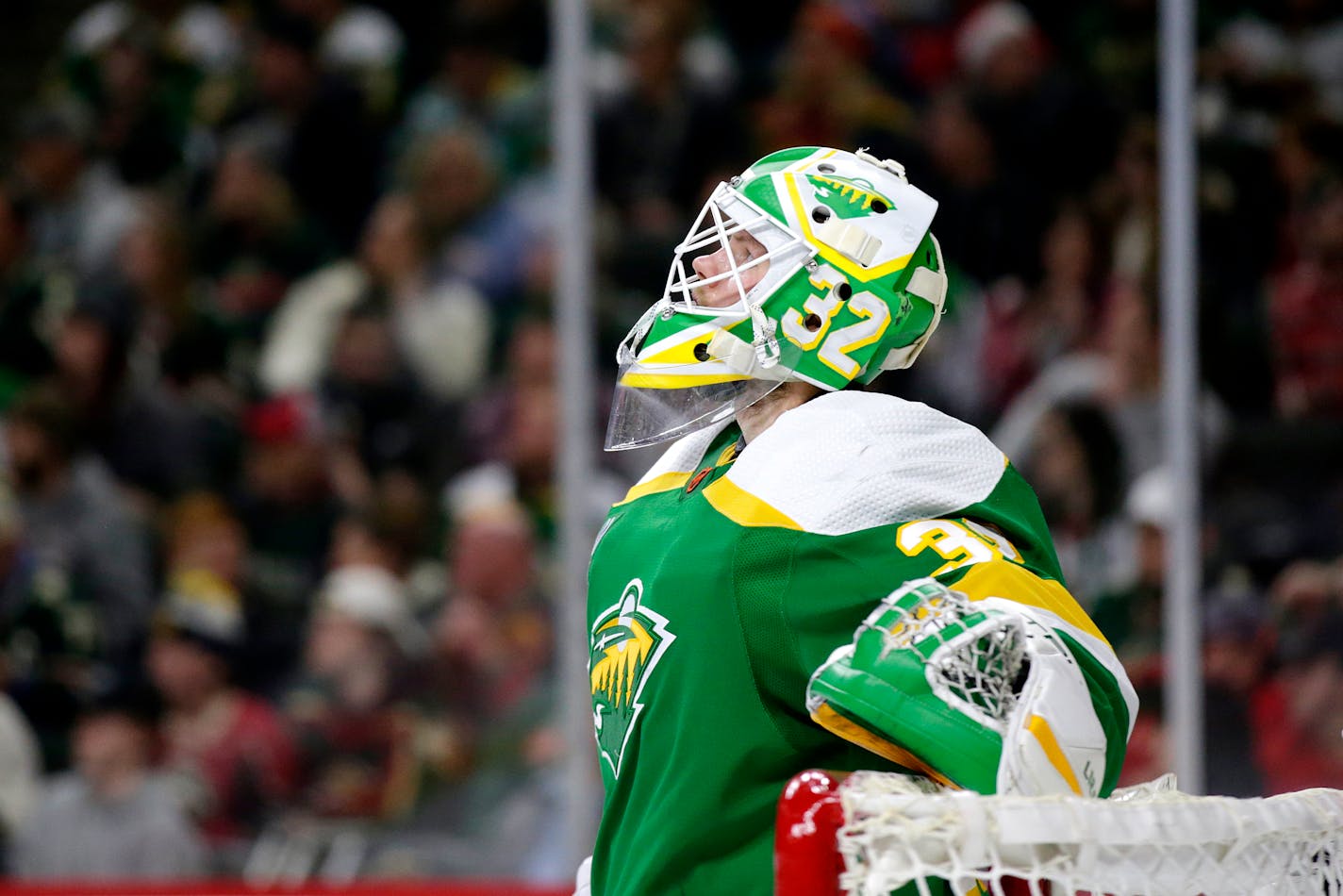 Minnesota Wild goaltender Filip Gustavsson plays during an NHL hockey game against the Detroit Red Wings Wednesday, Dec. 14, 2022, in St. Paul, Minn. (AP Photo/Andy Clayton-King)