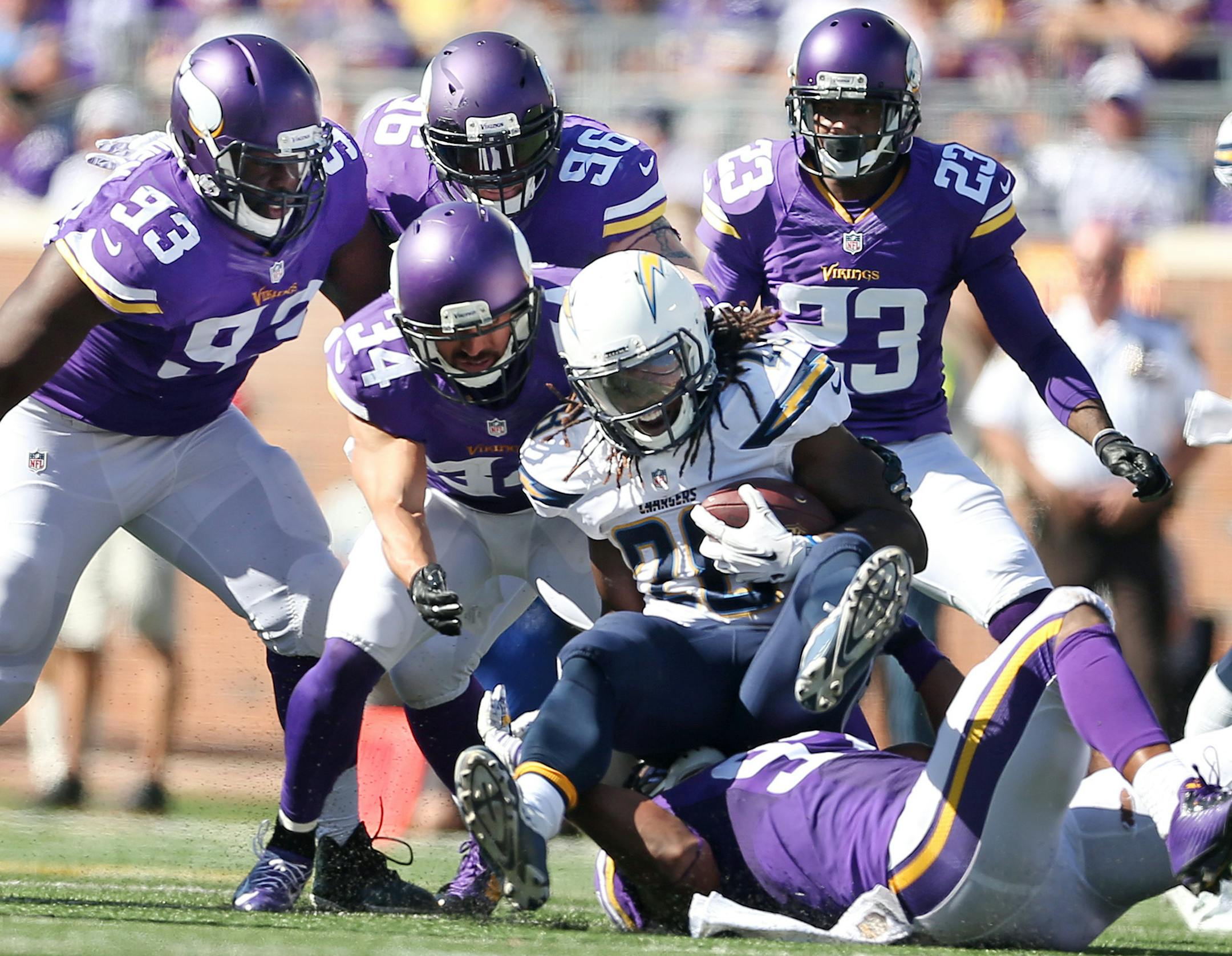 Vikings defenders stopped San Diego Chargers running back Melvin Gordon (28) for no gain in the third quarter Sunday September 27, 2015 in Minneapolis, MN. ] The Minnesota Vikings beat the San Diego Chargers 31-14 . Jerry Holt/ Jerry.Holt@Startribune.com