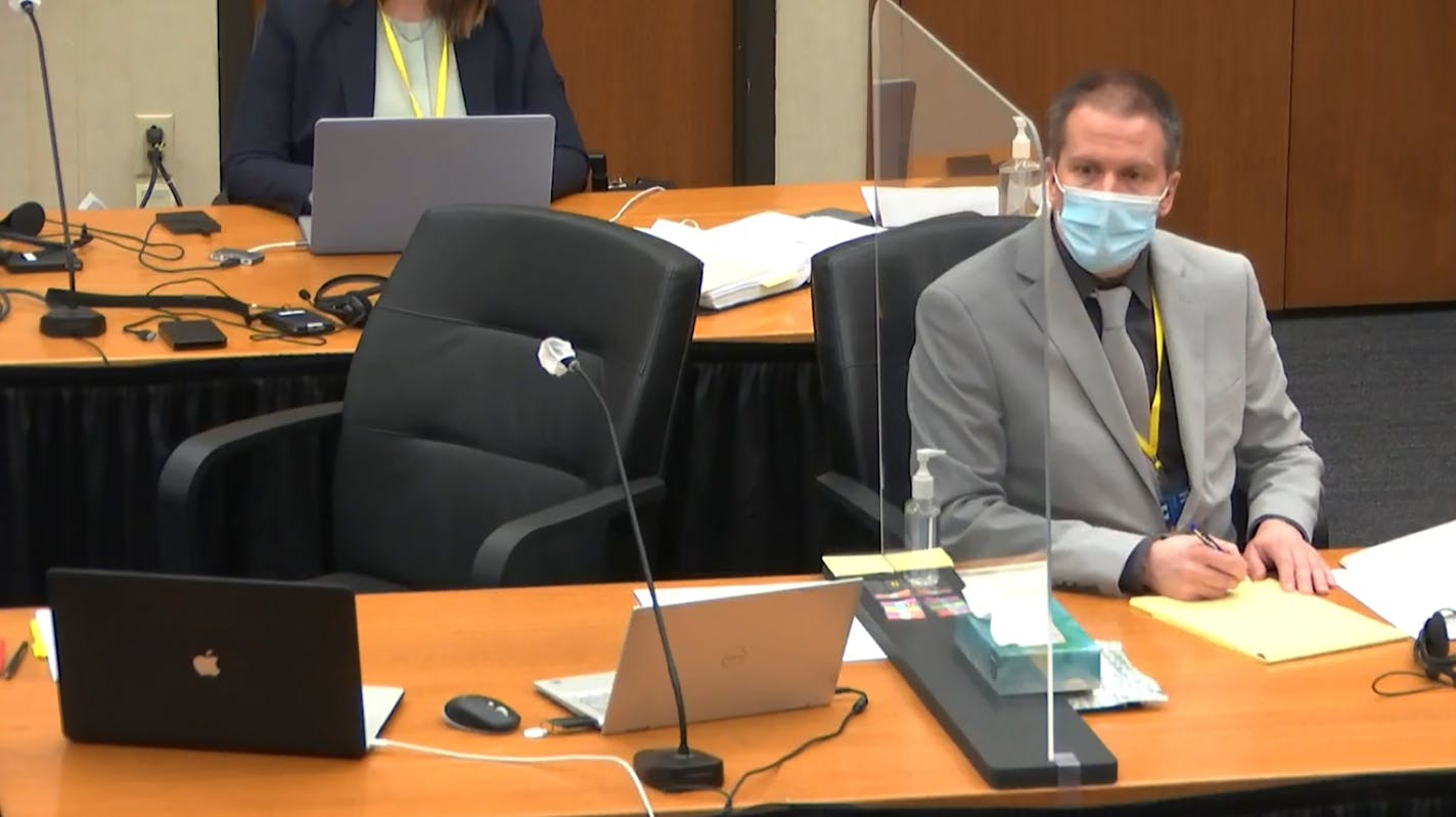 In this image from video, defendant, former Minneapolis police Officer Derek Chauvin, listens as Hennepin County Judge Peter&nbsp;Cahill presides Friday, April 9, 2021, at the Hennepin County Courthouse in Minneapolis, Minn. Chauvin is charged in the May 25, 2020 death of George Floyd. (Court TV via AP, Pool)