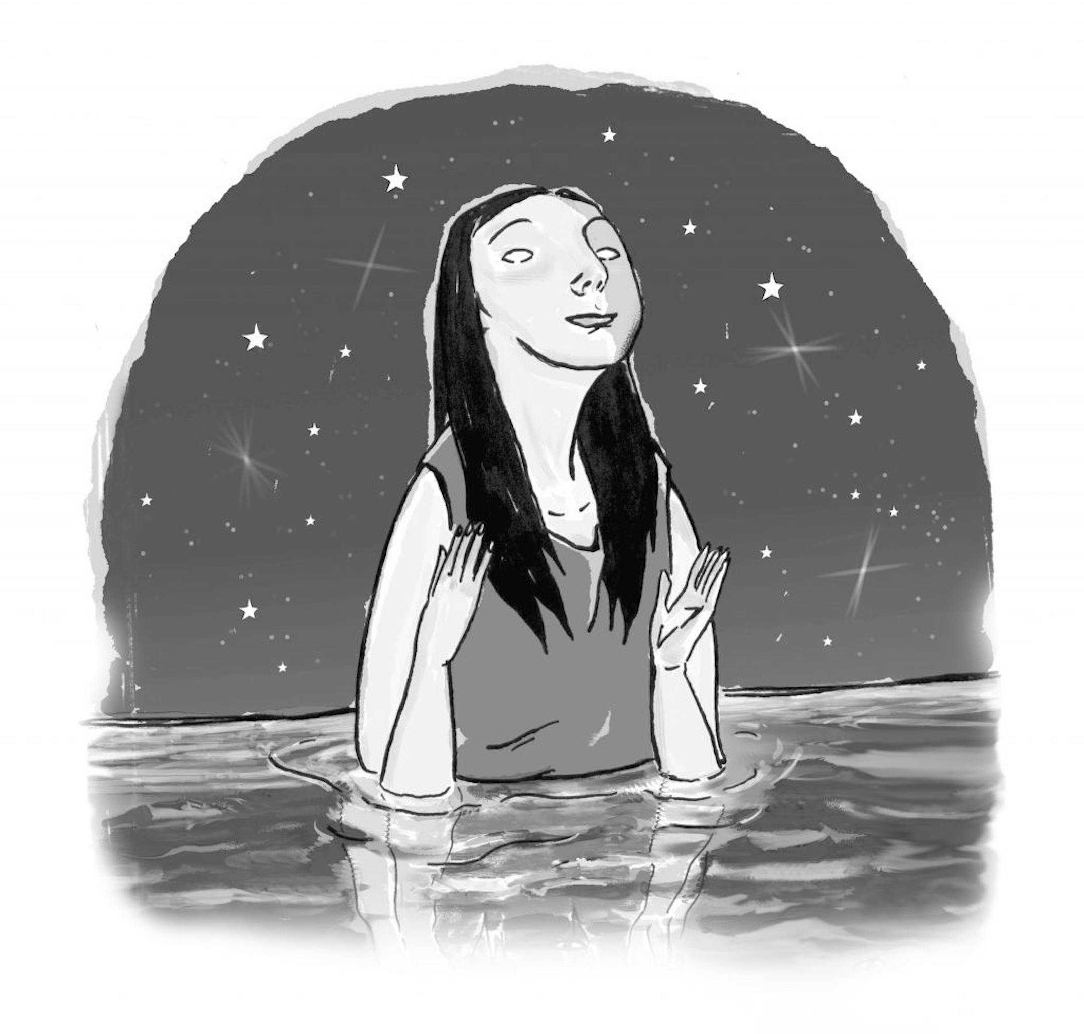 300 dpi 4 col x 11.25 in / 196x286 mm / 667x972 pixels Hector Casanova color illustration of a blissful woman emerging from dark water to a clear starry night. Her sad reflection has many eyes looking at her. For use with stories about overcoming mental illness or schizophrenia. The Kansas City Star 2001