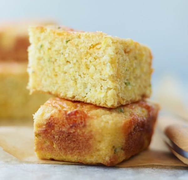 Jalapeno-flecked Golden Cornbread . Photo credit should be given to John Kernick and the recipe copyright line should read: Excerpted from THE POLLAN 