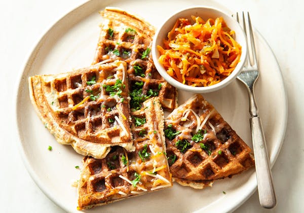 Savory waffles served with pickled carrots.