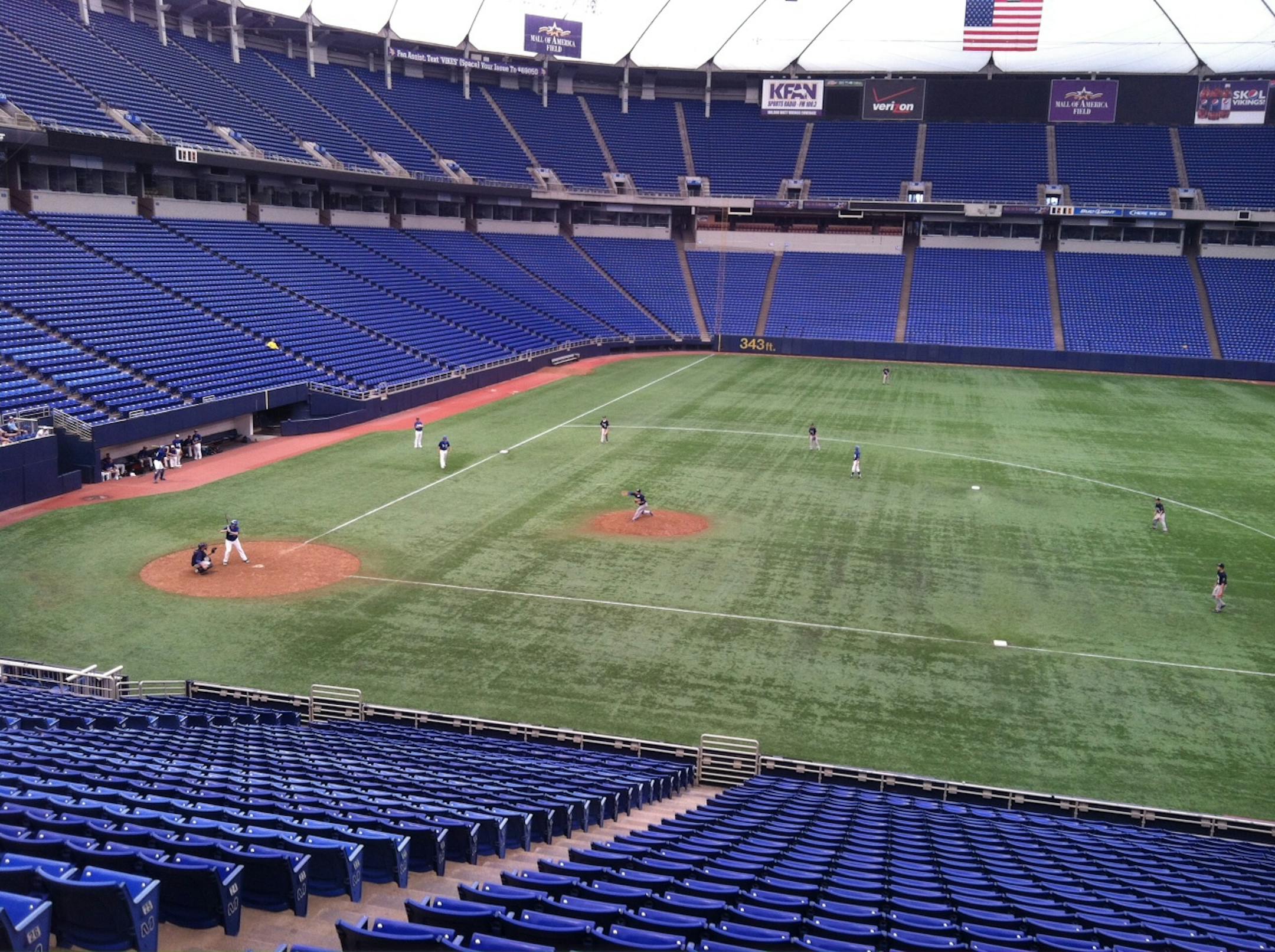 Two American Legion teams &#x2014; Viroqua and Sturgeon Bay &#x2014; played the final baseball game in the Metrodome on Tuesday. The field will be set up for football for the rest of the short life it has before being demolished.