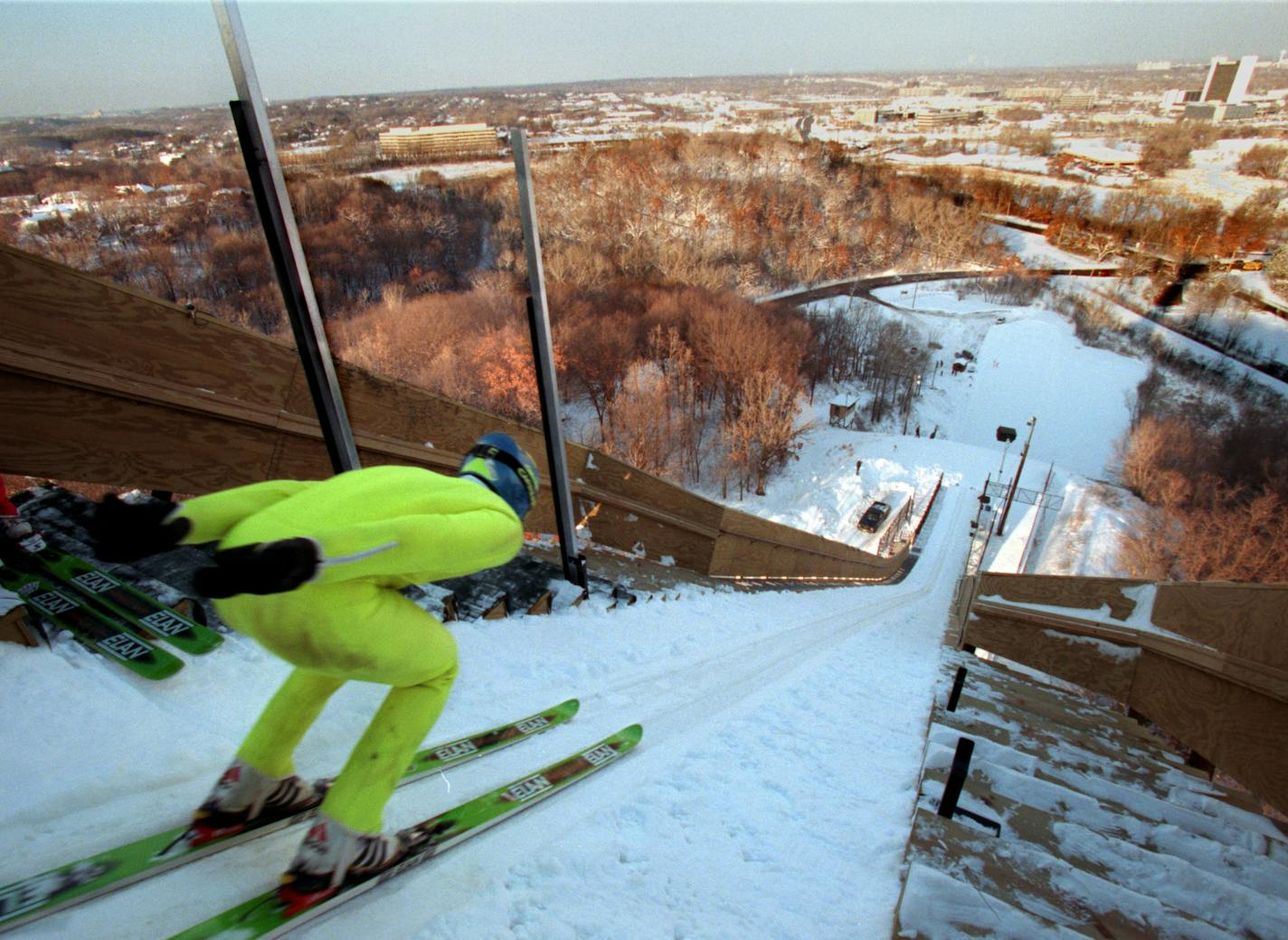 Hyland Ski Jump - Bloomington - Thursday, Jan 13, 2000 -- Tom Brisson starts down the icy track of the 70-meter ski jump at Hyland Park in Bloomington.