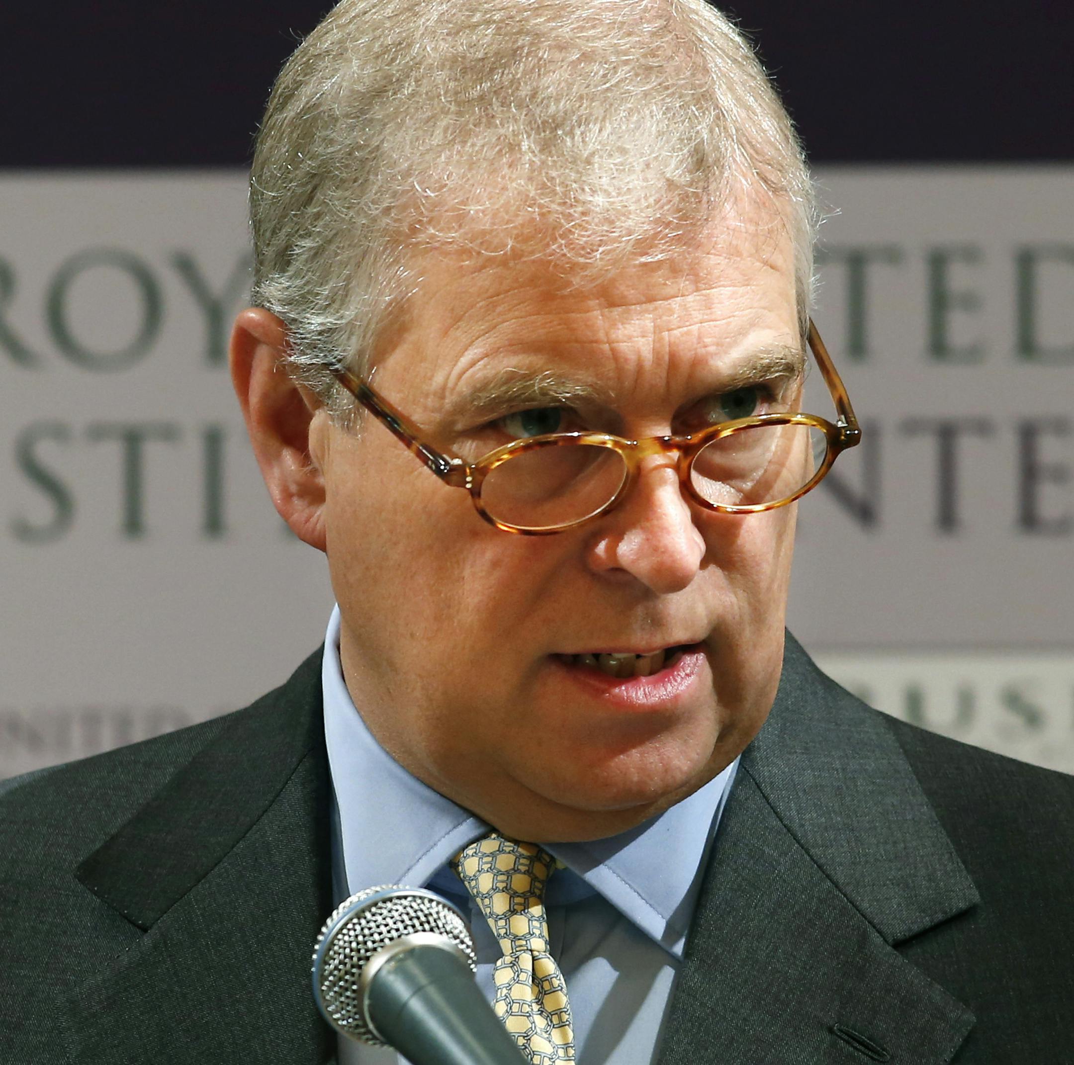 FILE - In this Tuesday, Oct. 1, 2013 file photo, Britain's Prince Andrew delivers the keynote speech of the Japan-UK security cooperation conference in Tokyo. Prince Andrew in a statement Saturday Aug. 24, 2019 denied any knowledge of criminal behavior by one-time friend Jeffrey Epstein who killed himself in a New York jail while awaiting trial on sex trafficking charges. (AP Photo/Koji Sasahara, File)