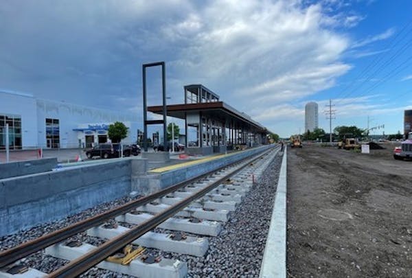 Track has been installed near the Downtown Hopkins Southwest LRT station.