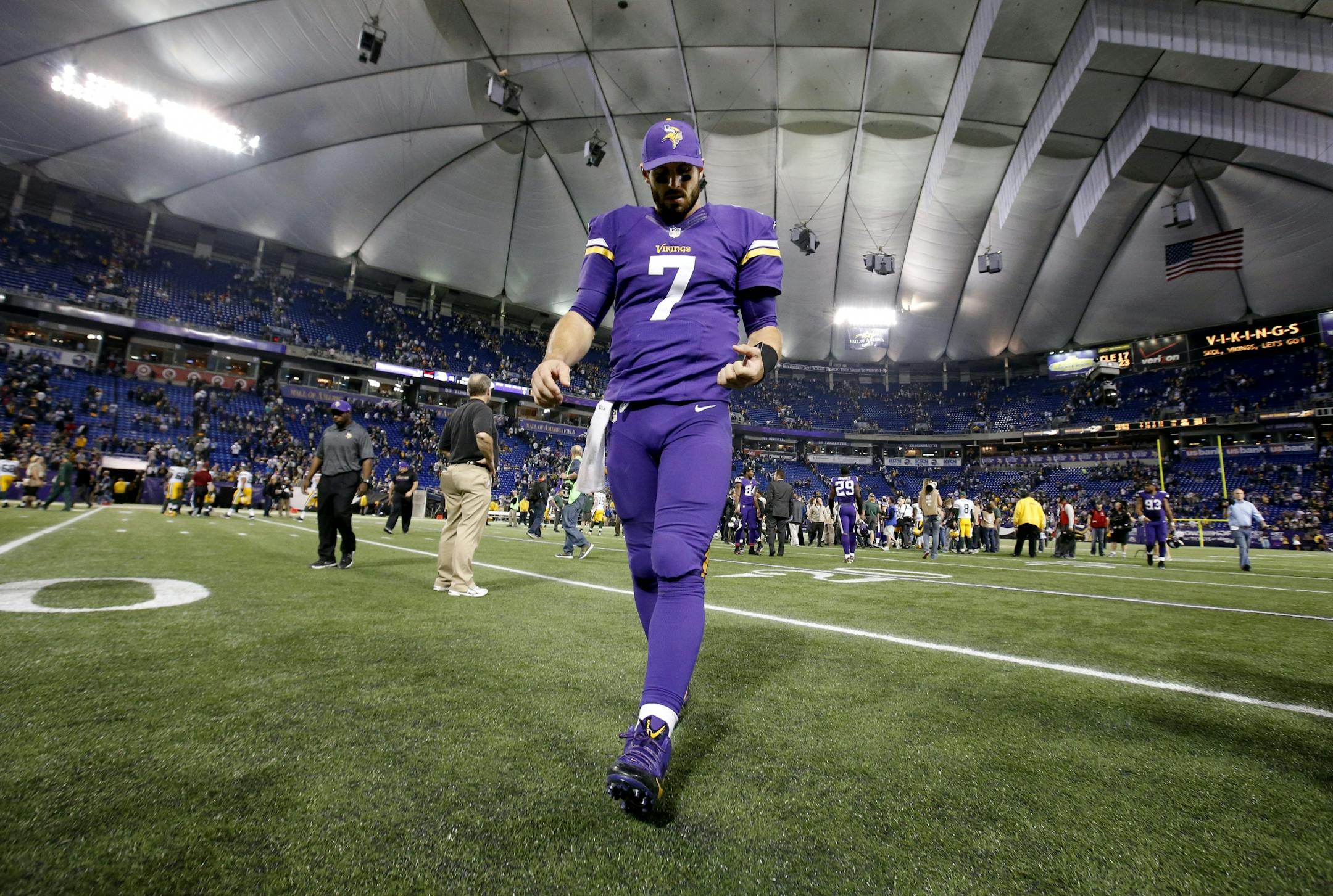 Minnesota Vikings quarterback Christian Ponder (7) walked off the field at the end of the game. Green Bay beat Minnesota by a final of score of 44-31.