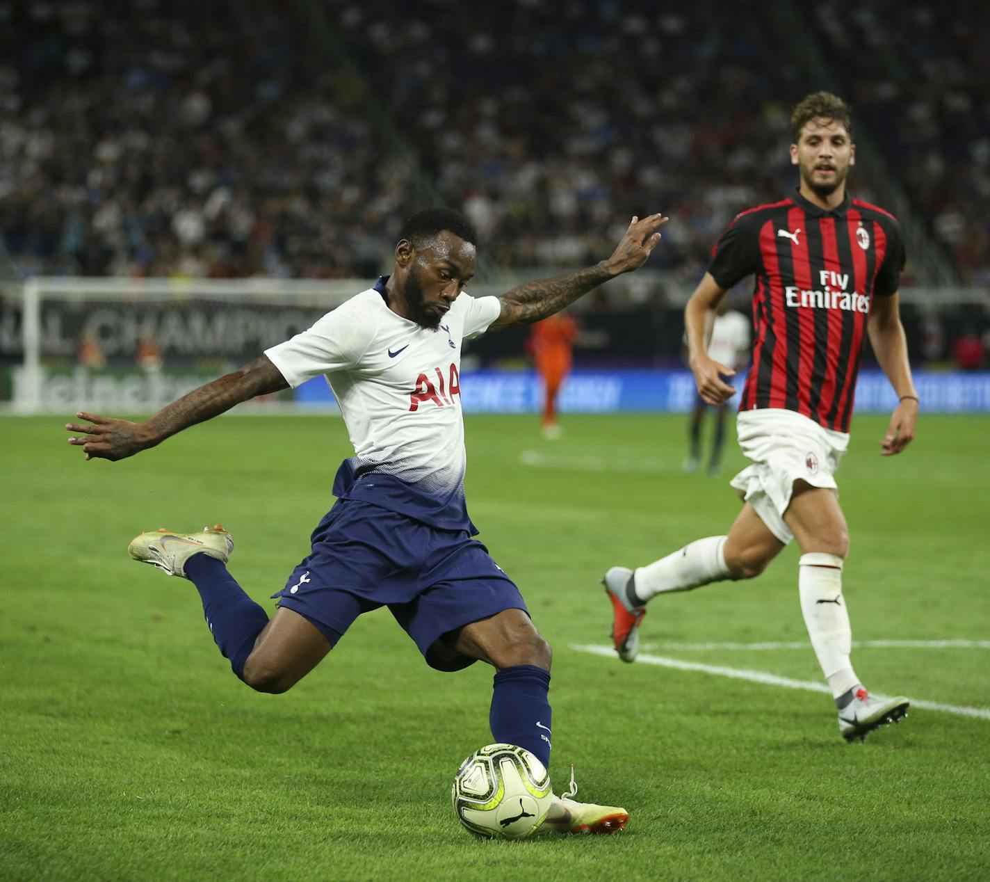 Tottenham's Georges-Kevin Nkoudou loaded up for a second-half shot on goal against A.C. Milan midfielder Manuel Locatelli. Nkoudou scored the only goal of the match.