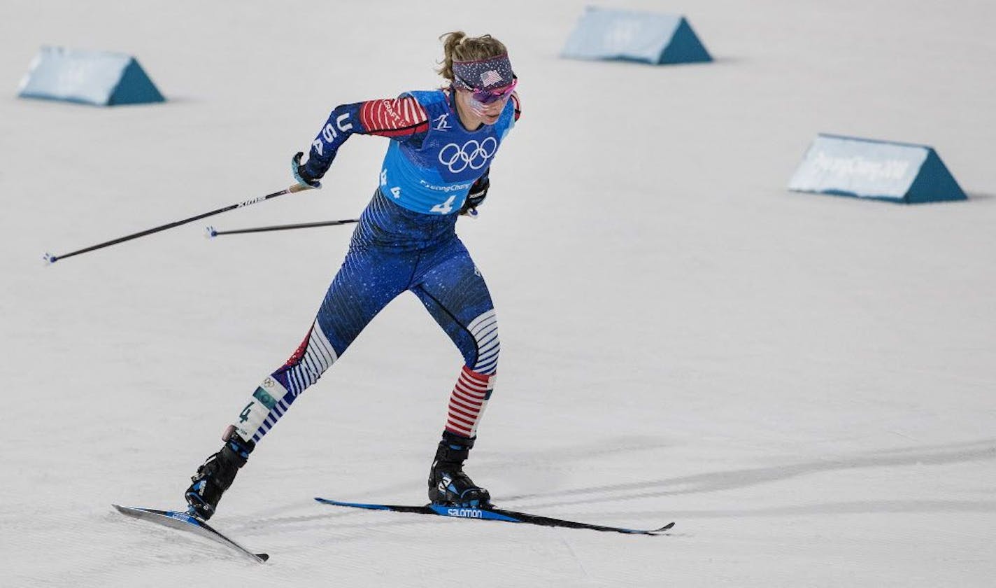 Jessie Diggins during her leg in Women's 4x5km Relay at Alpensia Cross-Country Centre. The USA finished in fifth place.