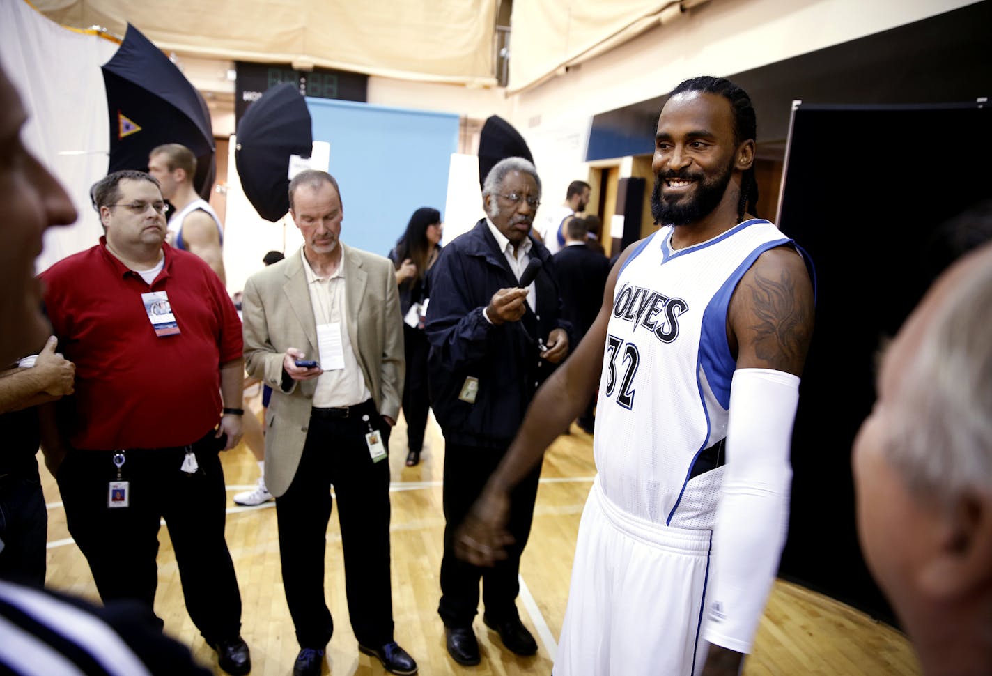 Ronny Turiaf talks with reporters duringTimberwolves media day at the Target Center on Monday, September 29, 2014. ] LEILA NAVIDI leila.navidi@startribune.com /