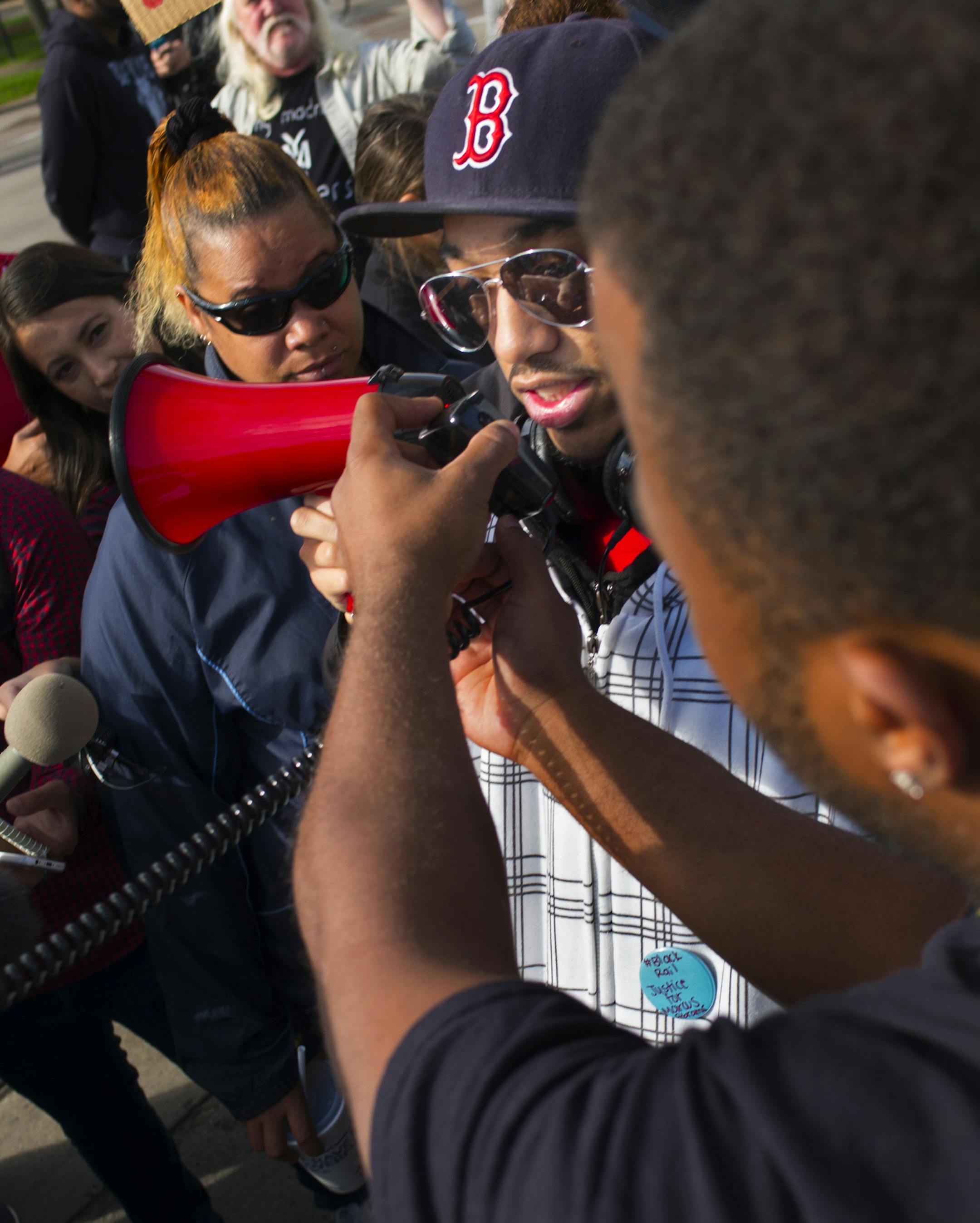 Near the Lexington light rail station in St. Paul, protesters with Black Lives Matters blocked traffic to and from TCF Stadium on the home opener for the Vikings. Marcus Abrams, 17, says he was rough handled by the St. Paul Police at that station. ]Richard Tsong-Taatarii/rtsong-taatarii@startribune.com