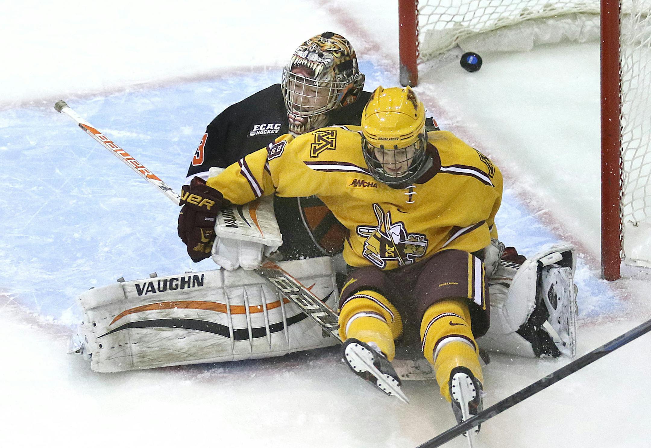 The Gophers' Amanda Kessel scored in the first period against Princeton goalie Kimberly Newell during Minnesota's 6-2 victory in the NCAA women's hockey quarterfinals at Ridder Arena on Saturday.