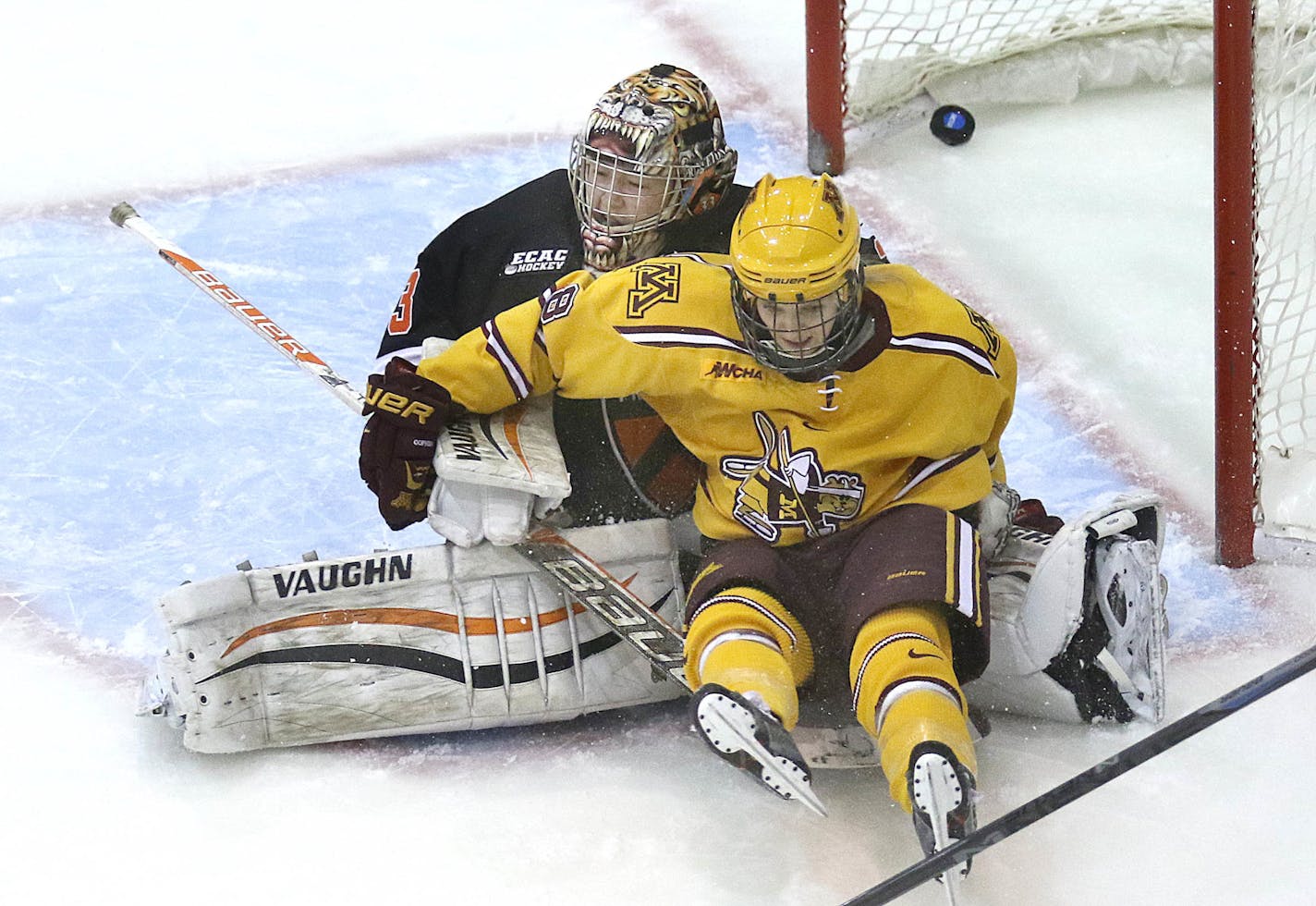 The Gophers' Amanda Kessel scored in the first period against Princeton goalie Kimberly Newell during Minnesota's 6-2 victory in the NCAA women's hockey quarterfinals at Ridder Arena on Saturday.