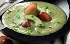 Upgrade the soup and sandwich combo with a cucumber and avocado gazpacho. Top it with red grapes, chives and more avocado. (Michael Tercha/Chicago Tri