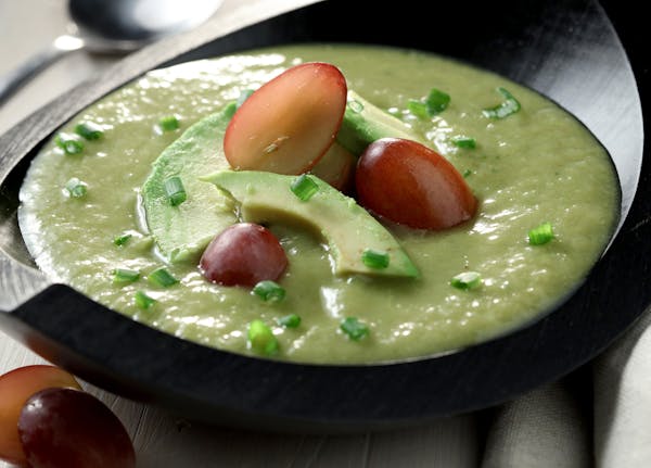 Upgrade the soup and sandwich combo with a cucumber and avocado gazpacho. Top it with red grapes, chives and more avocado. (Michael Tercha/Chicago Tri
