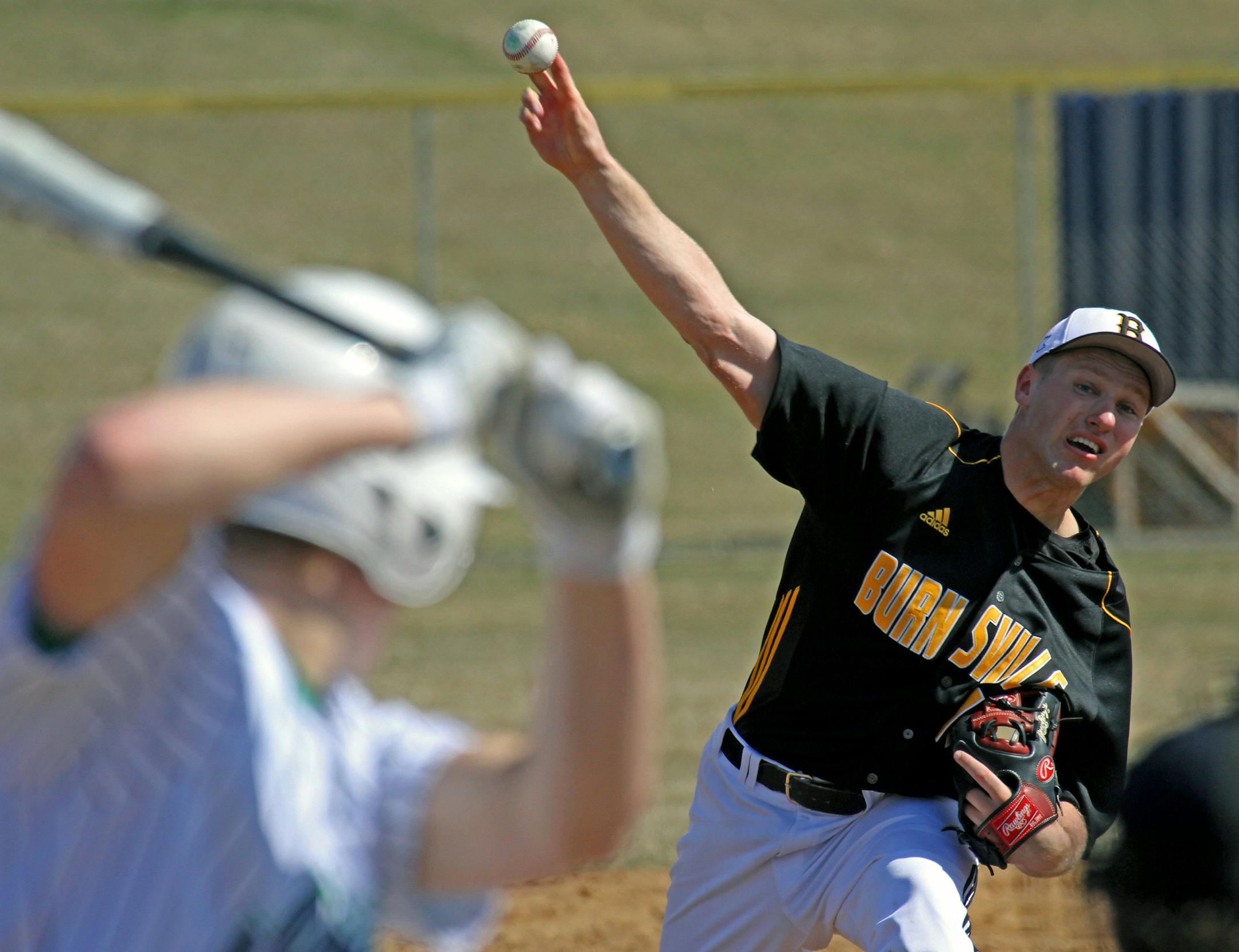 Burnsville's Tyler Hanson pitched against Rosemount in the first game of a double header on 4/26/13.] Bruce Bisping/Star Tribune bbisping@startribune.com Tyler Hanson/roster.
