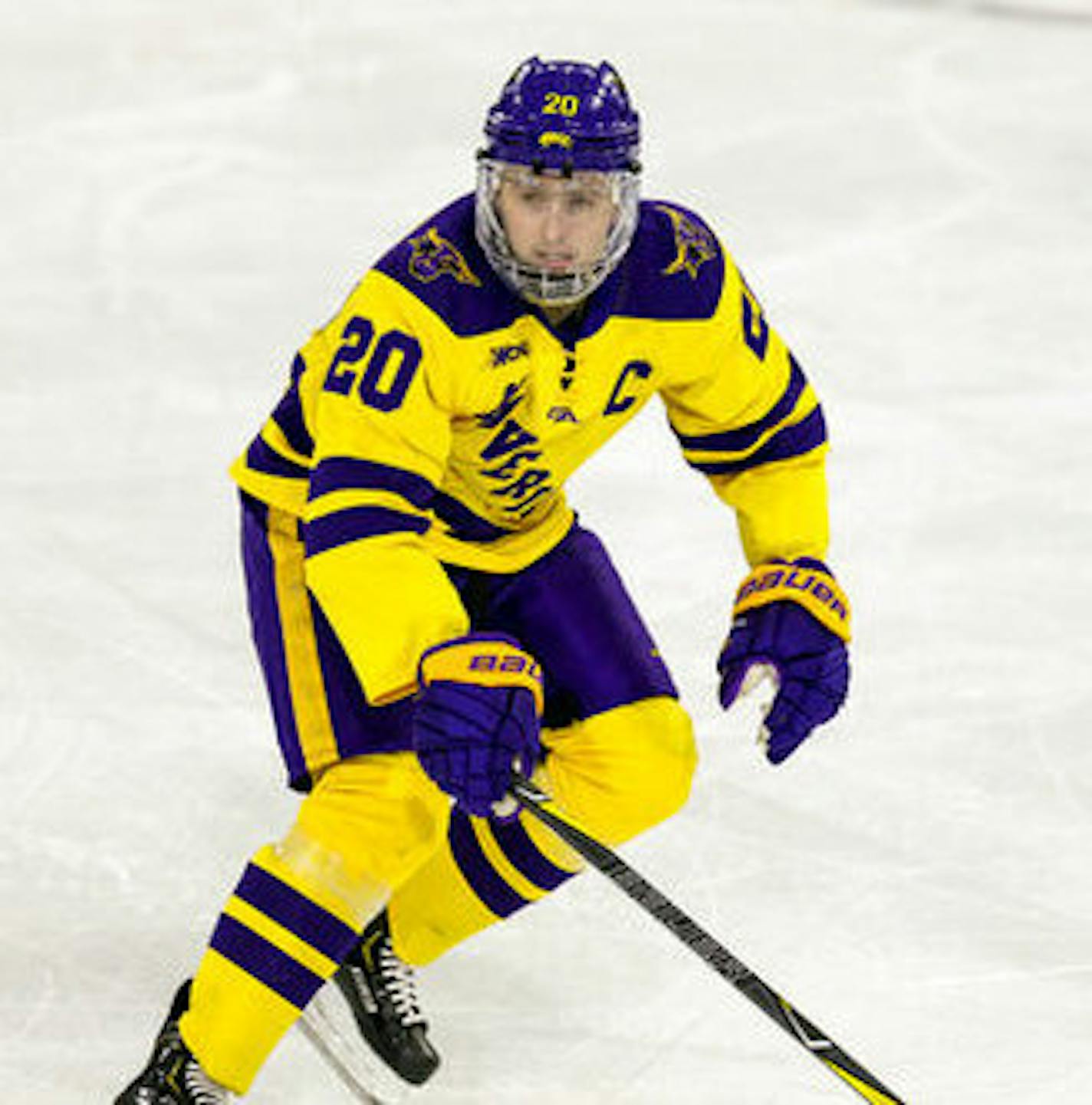 Minnesota State's Marc Michaelis skates against Bemidji State during an NCAA hockey game on Friday, March 1, 2019 in Mankato, Minn. (AP Photo/Andy Clayton-King) ORG XMIT: NYOTK