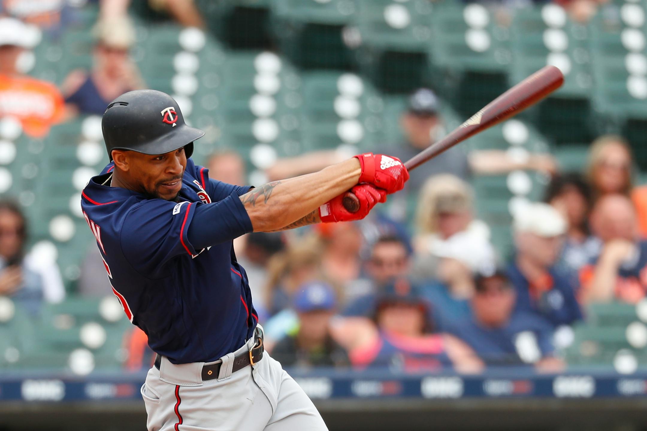 Minnesota Twins' Byron Buxton bats in the eighth inning of a baseball game against the Detroit Tigers in Detroit, Sunday, June 9, 2019. (AP Photo/Paul Sancya)
