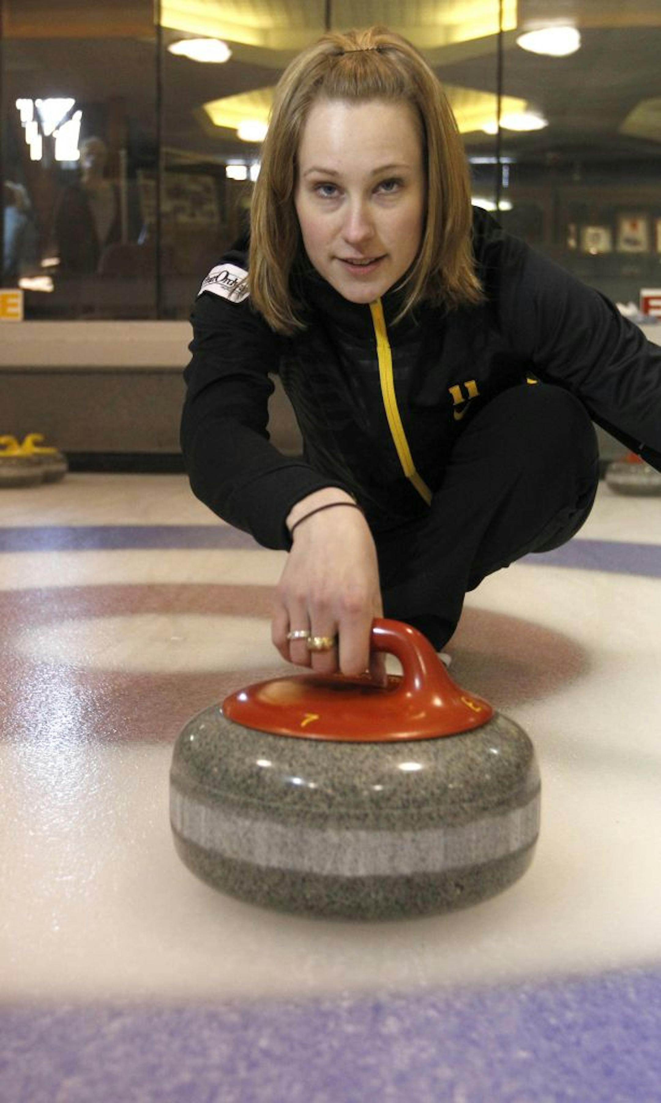 Olympic curler, Cassie Potter, practiced at the St Paul Curling last week over her lunch hour, she'll be competing at the world championship event, march 17-25 [ TOM WALLACE � twallace@startribune.com _ Assignments # 20022413A_ March 6, 2011_ SLUG: body0312 _ EXTRA INFORMATION: she and her team finished 8th in the last Olympics and were 2nd in the world.