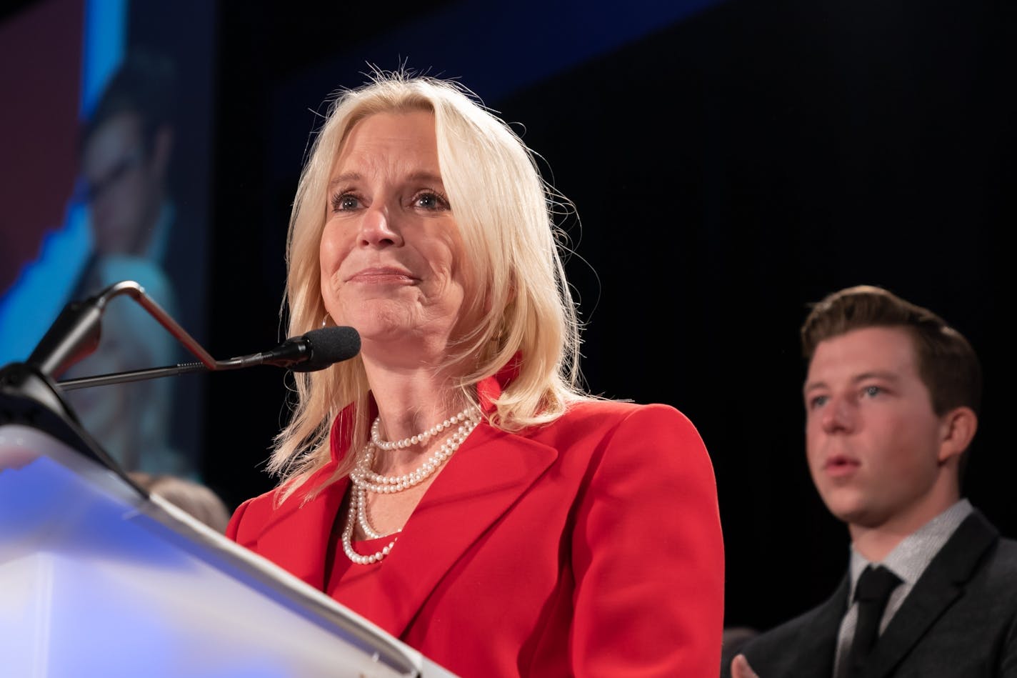 Karin Housley gave her concession speech. Her son Wilson is behind her.