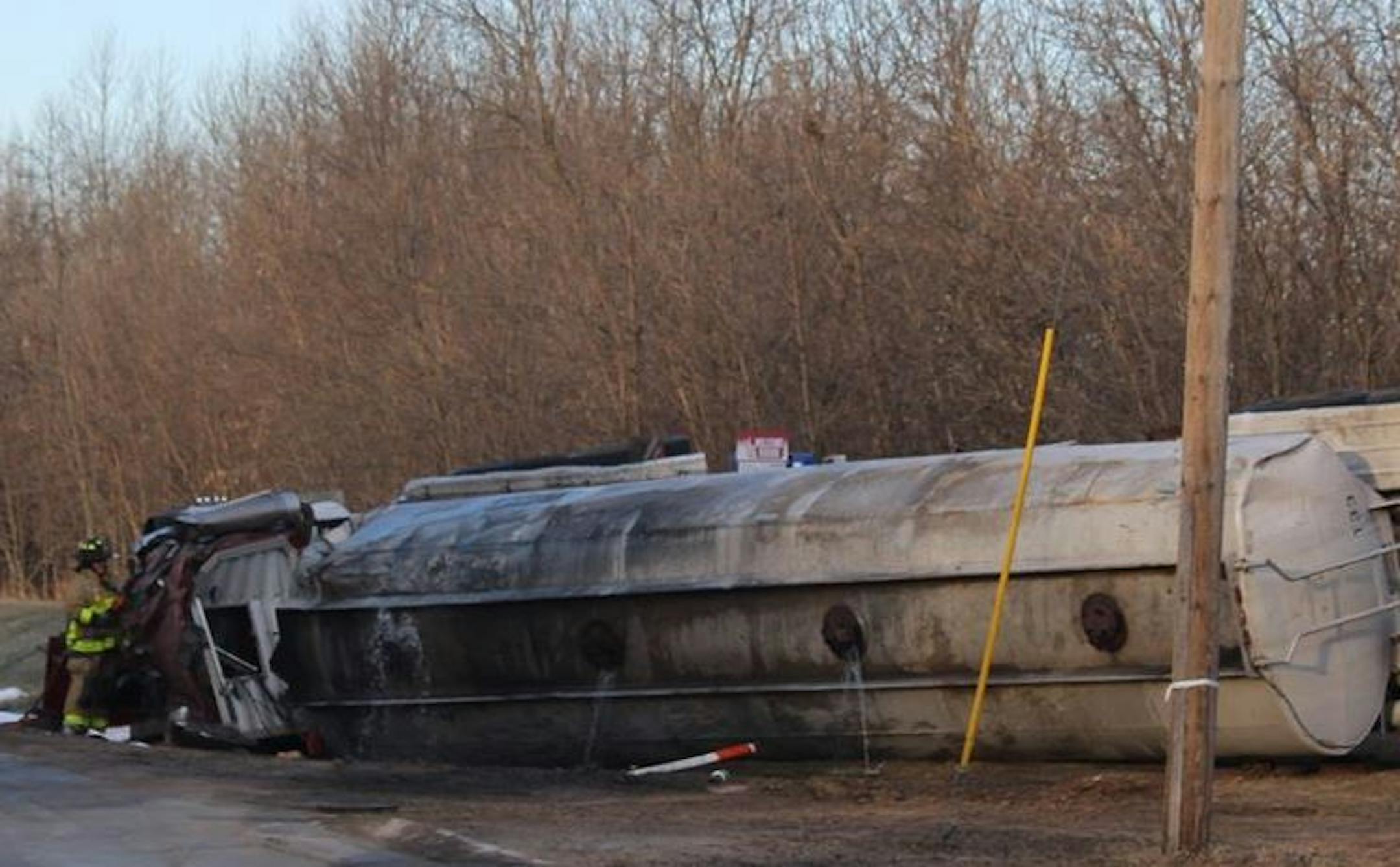 A tanker truck rolled over Tuesday. The driver died. Credit: Friends of the Northland FireWire