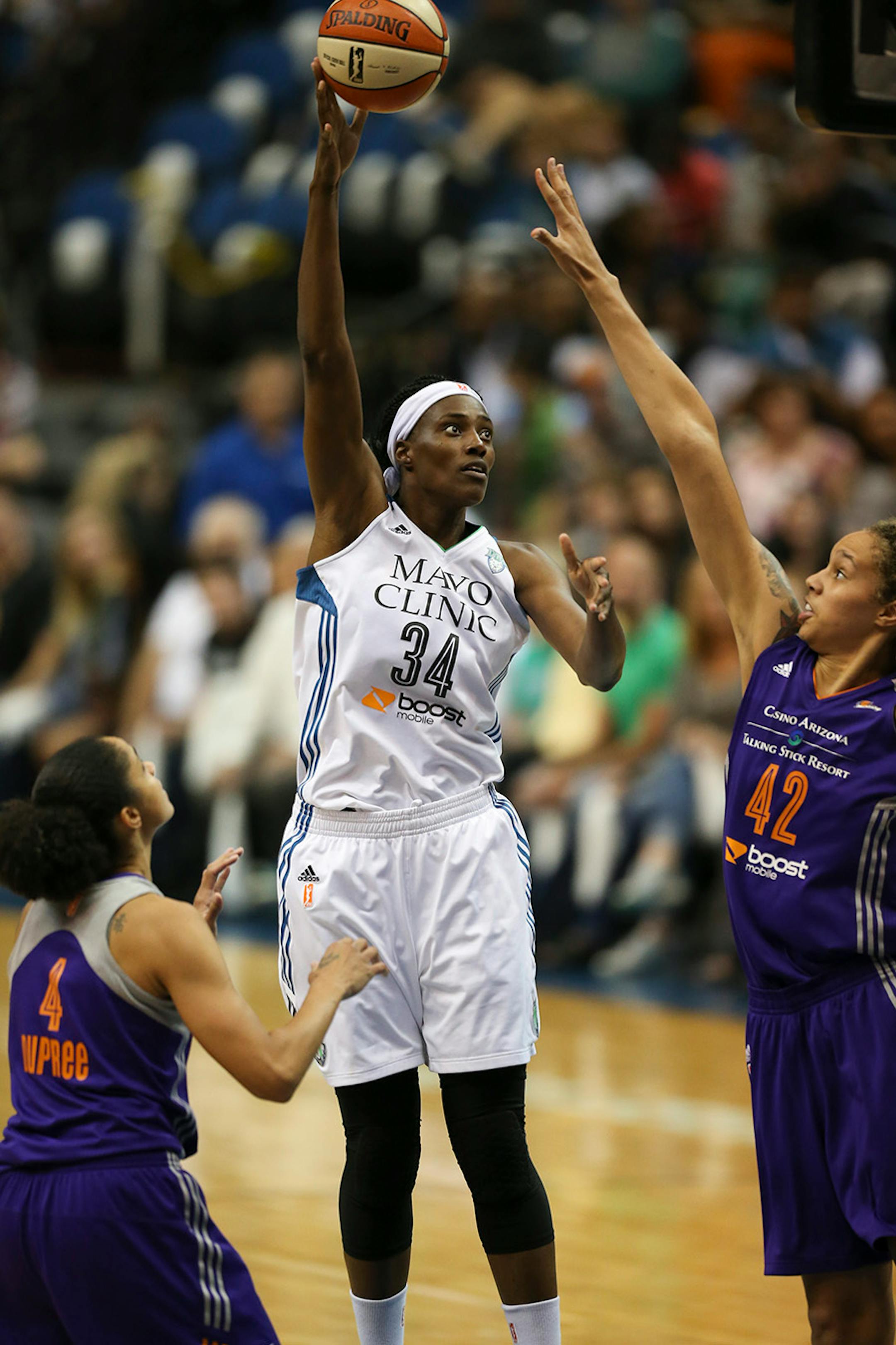 Lynx center Sylvia Fowles (34) shot over Phoenix Mercury center Brittney Griner (42) in the third quarter Thursday night at Target Center. She finished with 12 points for the night.