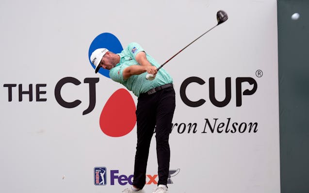 Taylor Pendrith hits a tee shot on the 18th hole during the third round of the Byron Nelson in McKinney, Texas.