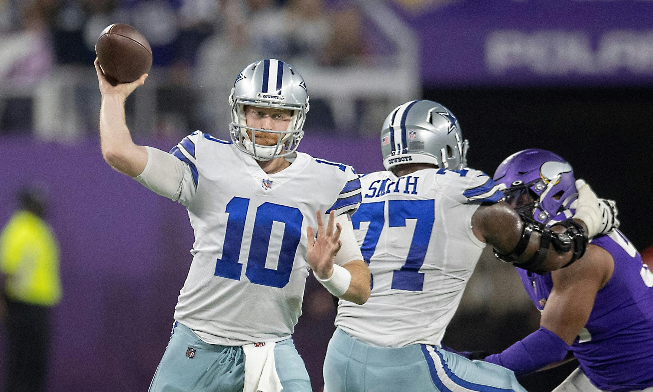 Cowboys quarterback Cooper Rush (10) threw the ball in the third quarter, Sunday, Oct. 31, 2021 in Minneapolis, Minn. The Minnesota Vikings hosted the Dallas Cowboys at U.S. Bank Stadium. Q ] liz.flores • @startribune.com