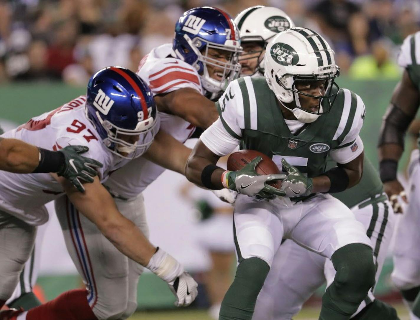 New York Jets quarterback Teddy Bridgewater (5) is sacked by the New York Giants during the fourth quarter of a preseason NFL football game, Friday, Aug. 24, 2018, in East Rutherford, N.J.