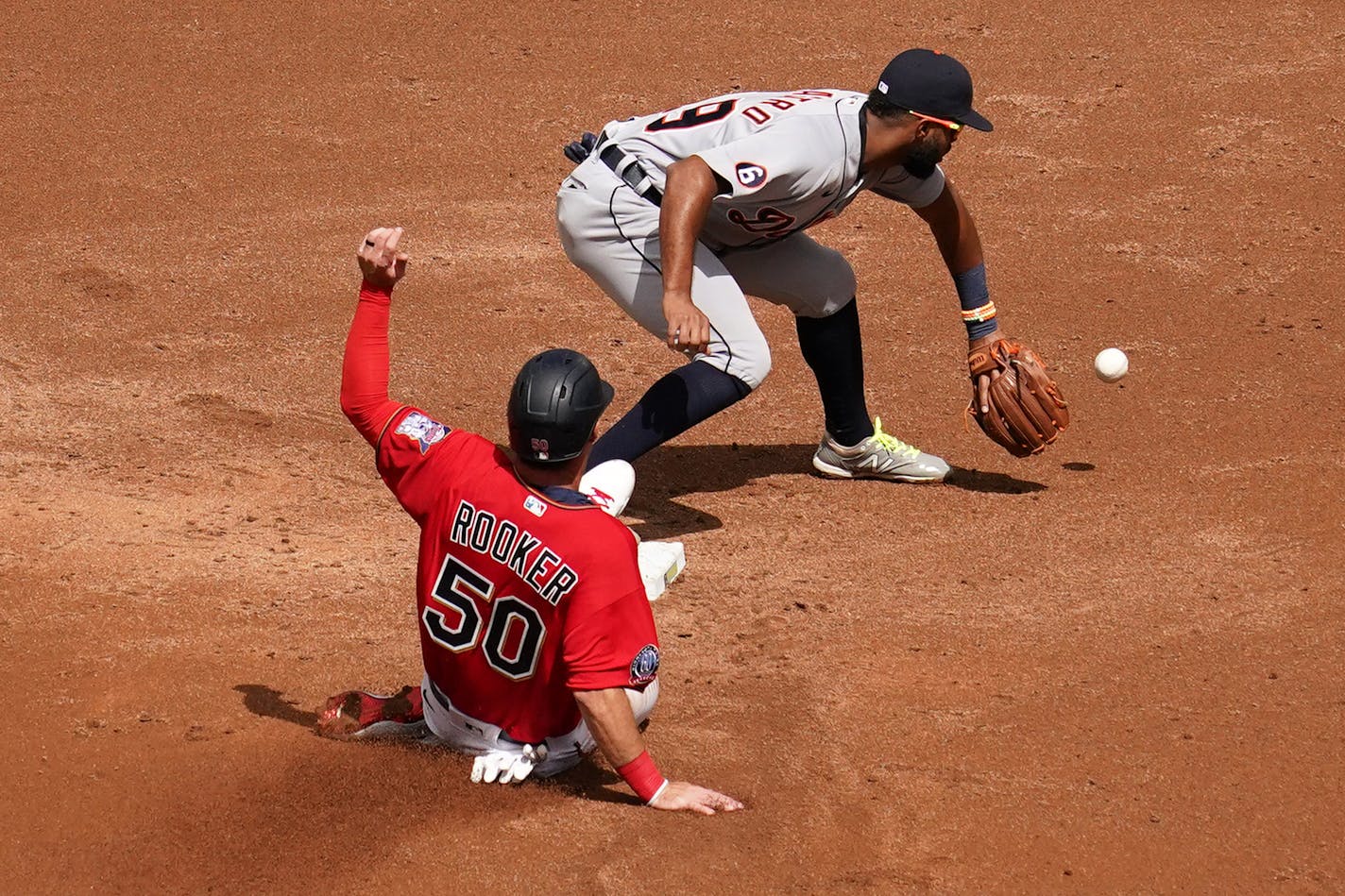 Twins outfielder Brent Rooker was tagged out at second by Tigers shortstop Willi Castro to end the second inning of Game 2 on Friday.