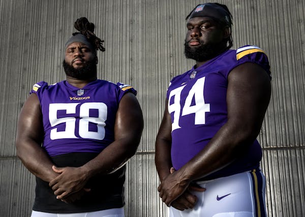 New Vikings defensive tackles Michael Pierce (58) and Dalvin Tomlinson (94) will be the keys to the team’s rebuilding of its interior defense.