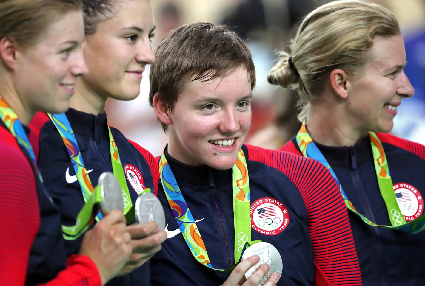 US cyclers Sarah Hammer, Chloe Dygert Kelly Catlin and Jennifer Valente earned the silver medal in women's cycling team pursuit Saturday evening at the Rio Olympic Velodrome. beaten by Great Britain in the final, the U.S. quartet posted a time of 4:12.454 while Great Britain finished in a world record time of 4:10.236, breaking the record it had set in qualifying earlier in the day. ] 2016 Summer Olympic Games - Rio Brazil brian.peterson@startribune.com Rio de Janeiro, Brazil - 08/13/2016