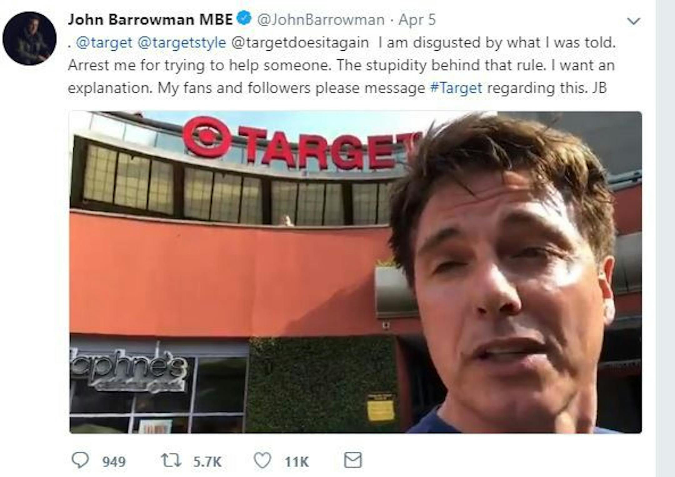 Actor John Barrowman said outside a Target in Los Angeles that he could buy some clothes for a homeless man.
