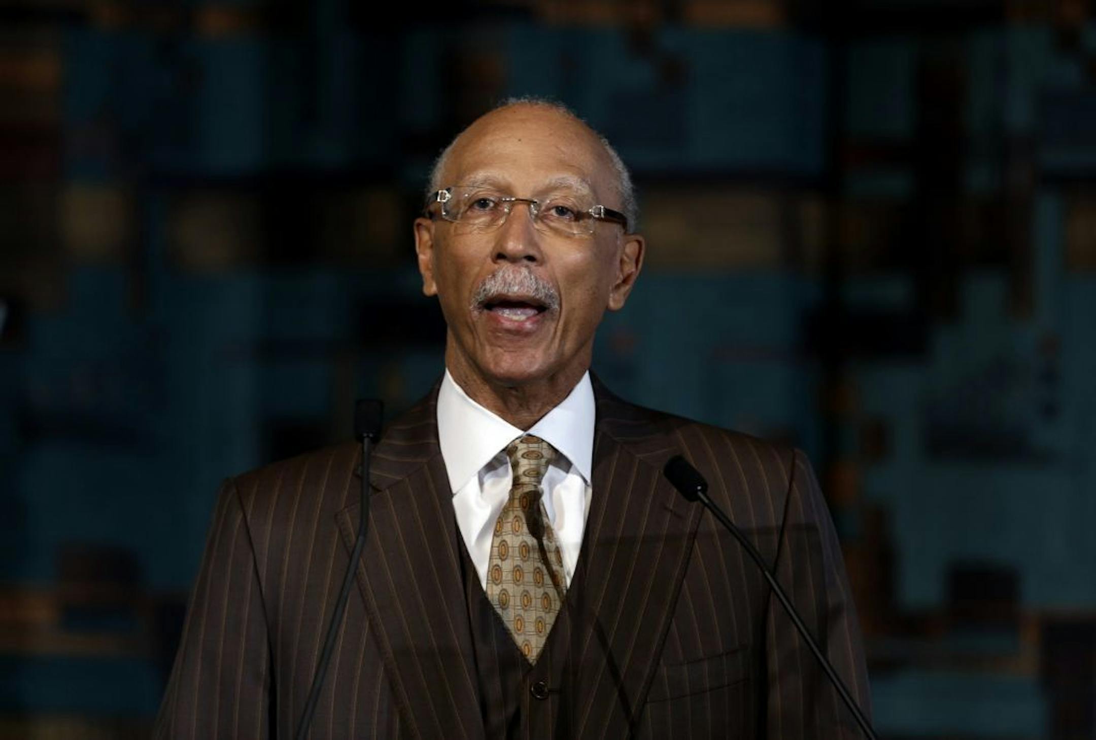 Detroit Mayor Dave Bing speaks during a news conference in Detroit, Tuesday, May 14, 2013. Bing announced he won't seek a second term as leader of the financially troubled city, which recently became the largest in the country placed under state oversight.