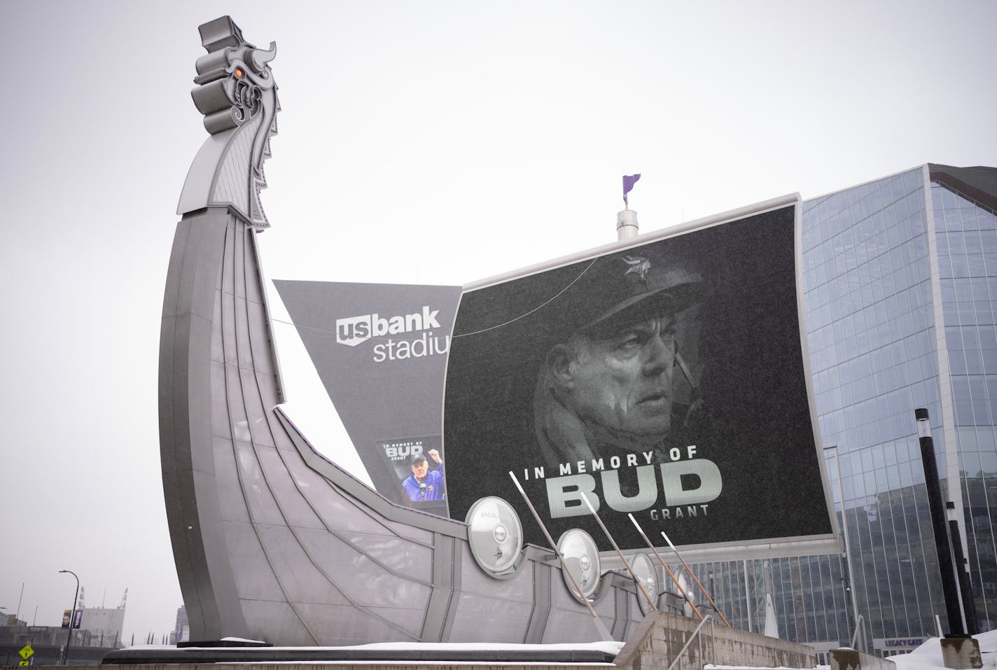 Vikings coaching legend Bud Grant, who died Saturday, was honored on the video screens outside U.S. Bank Stadium in Minneapolis Sunday afternoon, March 12, 2023. ] JEFF WHEELER • jeff.wheeler@startribune.com