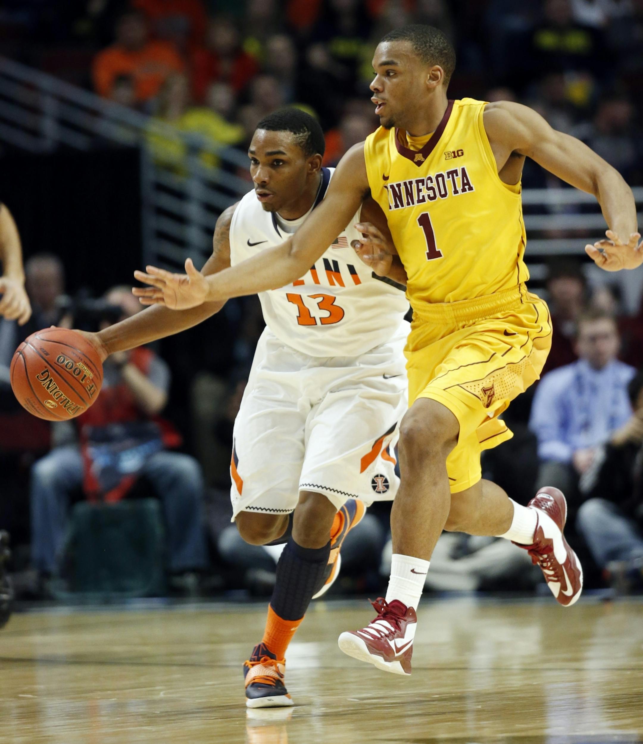 Illinois' Tracy Abrams tries to drive past Minnesota's Andre Hollins (1) during the second half of an NCAA college basketball game at the Big Ten tournament Thursday, March 14, 2013, in Chicago.