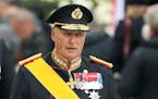 FILE - King Harald V of Norway leaves the Notre Dame cathedral after attending at the funeral of the Grand Duke Jean of Luxembourg, in Luxembourg, on 