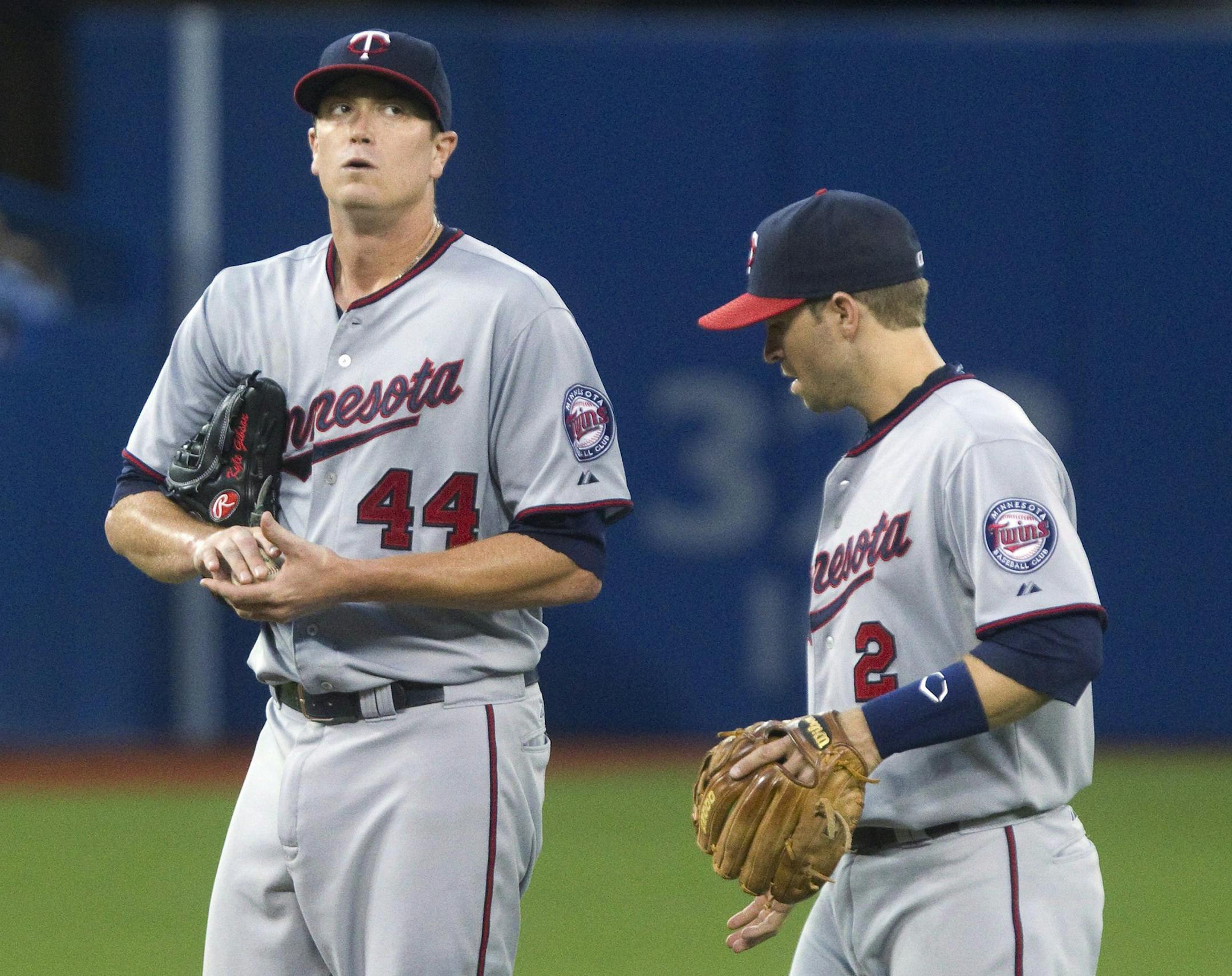 Minnesota Twins starting pitcher Kyle Gibson stands on the mound with teammate Brian Dozier after giving up four runs to the Toronto Blue Jays during the fifth inning of a baseball game Thursday, Aug. 6, 2015, in Toronto. (Fred Thornhill/The Canadian Press via AP)