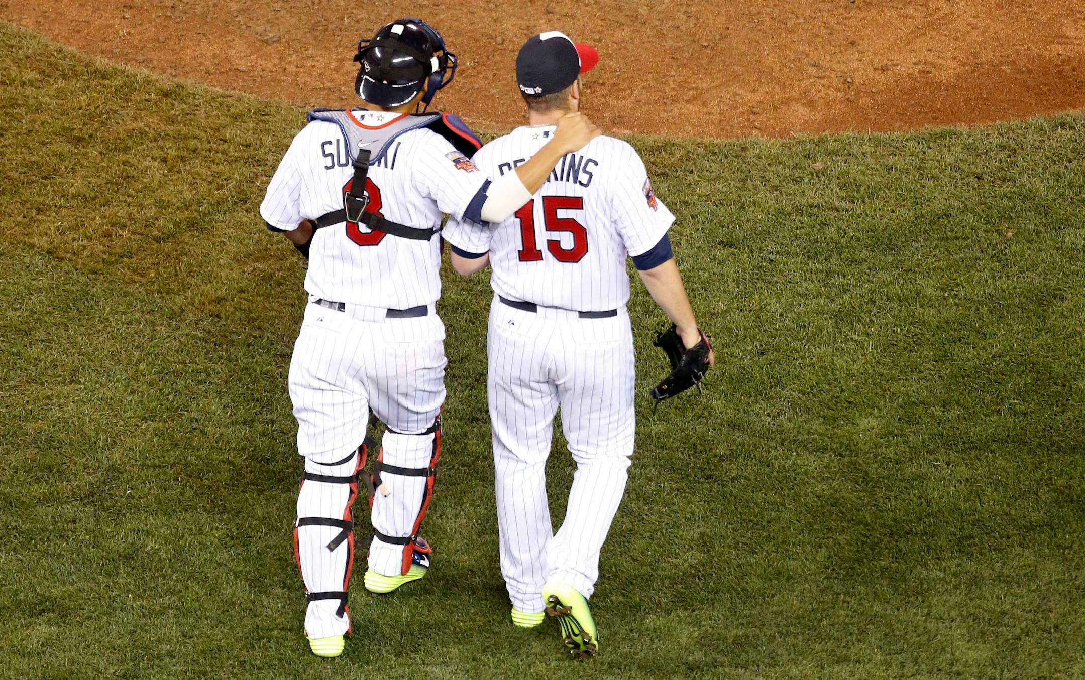 American League pitcher Glen Perkins celebrated with Kurt Suzuki at the end of the MLB All Star Game. ] CARLOS GONZALEZ cgonzalez@startribune.com - July 15, 2014 , Minneapolis, Minn., Target Field, MLB All Star Game