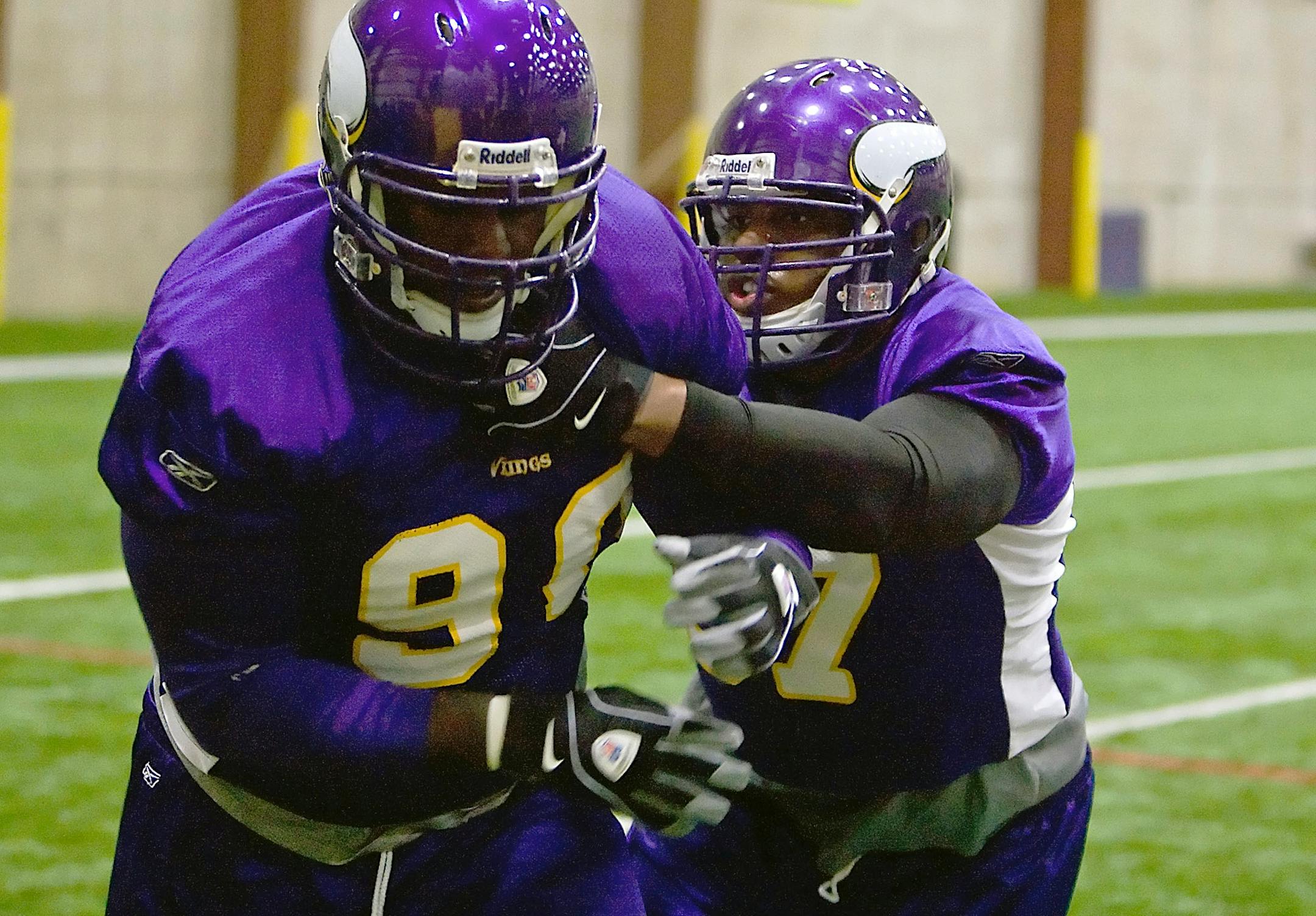 Vikings defensive tackles Fred Evans (left) and Ellis Wyms have been thrust into the spotlight. If Pat and Kevin Williams remain suspended and can't play Sunday, Evans and Wyms will take their places.