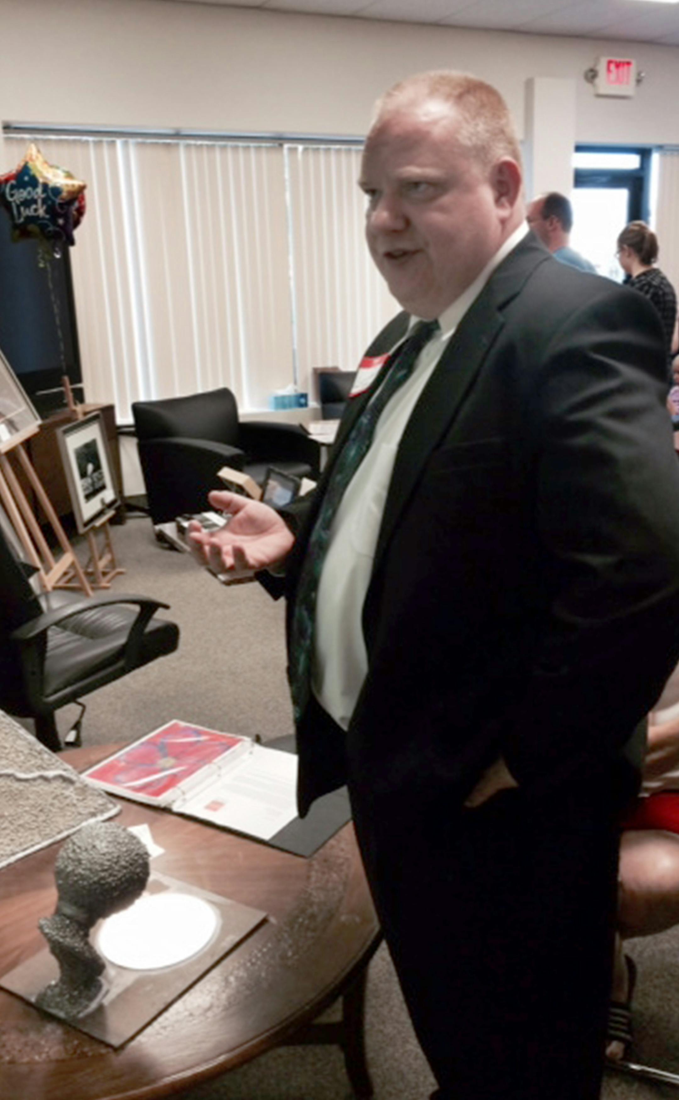 Bridgeview Community Support program. Leo Sauvageau of Maplewood with his sculpture, "BLANK!" Photo by Shannon Prather