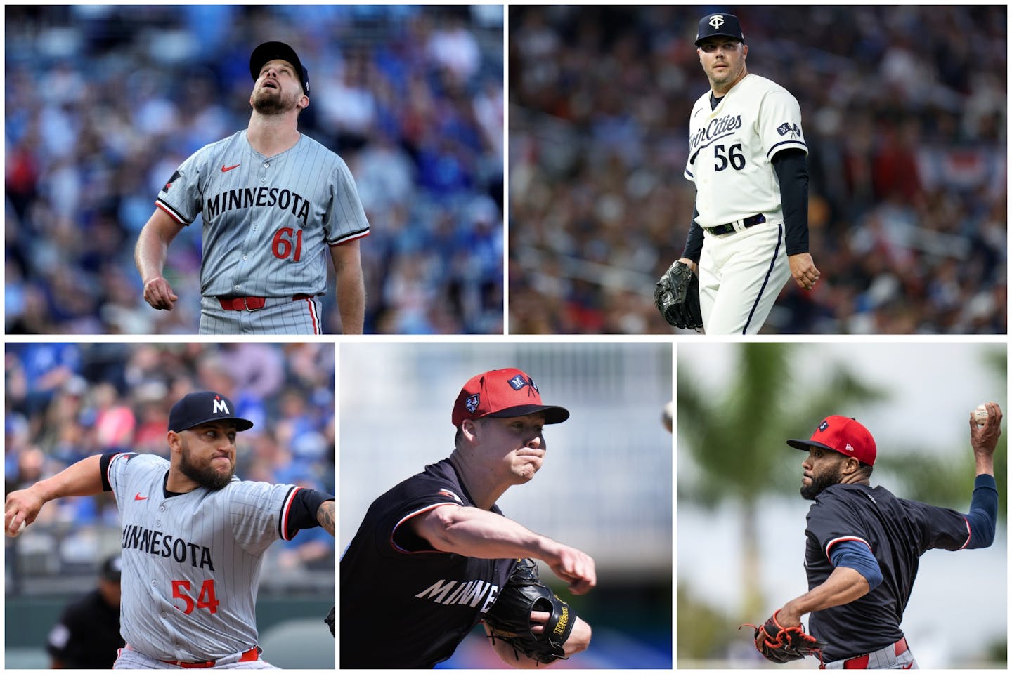 These five pitchers didn't have an easy road to the Twins bullpen: Top: rock Stewart and Caleb Thielbar. Bottom (left to right): Daniel Duarte, Justin Topa, Jay Jackson.