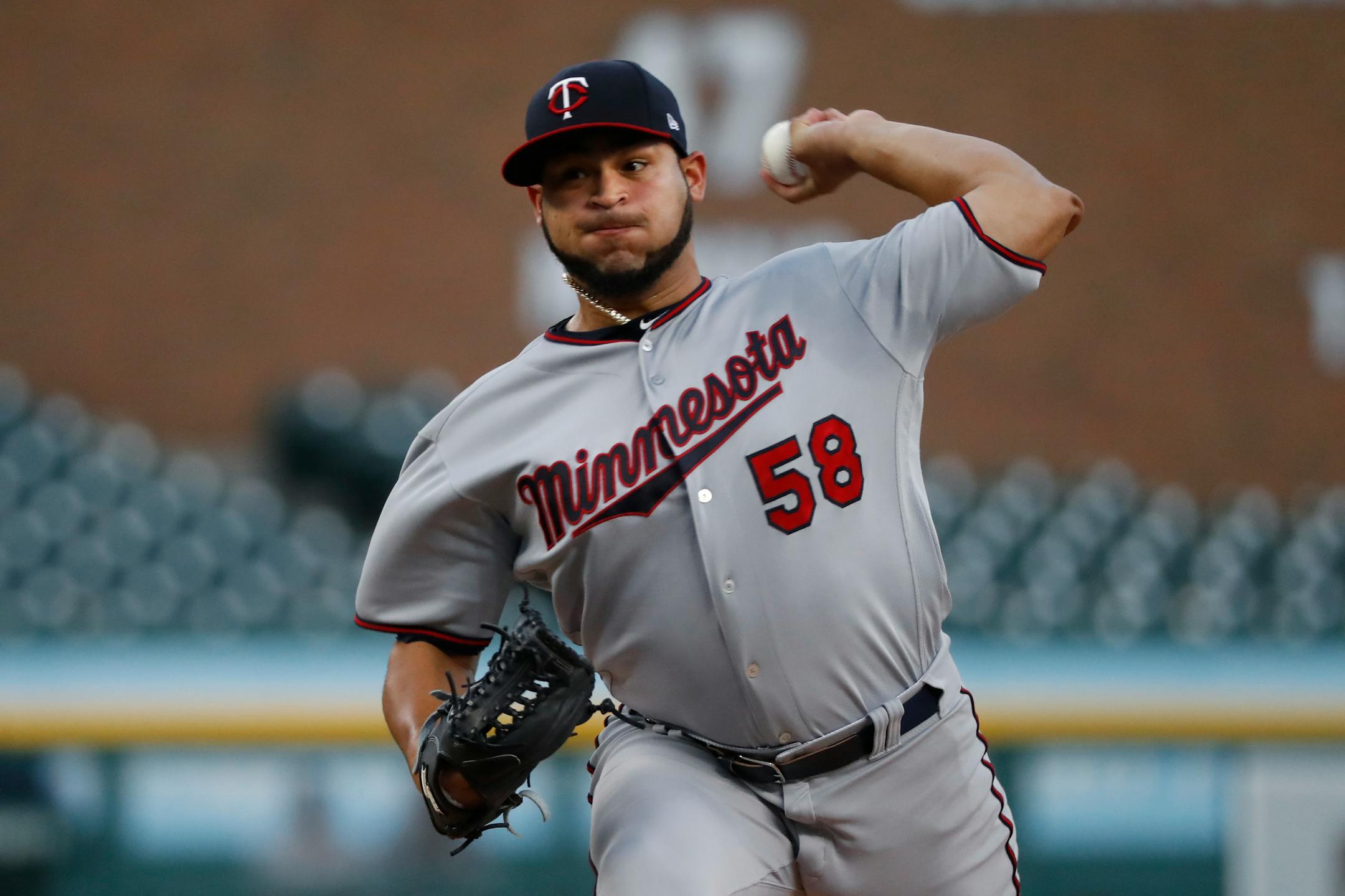 Minnesota Twins pitcher Gabriel Moya throws against the Detroit Tigers in the first inning of a baseball game in Detroit, Monday, Sept. 17, 2018. (AP Photo/Paul Sancya)