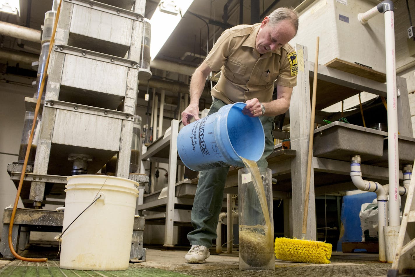 Hatchery specialist Donn Schrader pours dead eggs into a jar. ] BRIDGET BENNETT SPECIAL TO THE STAR TRIBUNE &#x2022; bridget.bennett@startibune.com The dead eggs are removed to help prevent fungi from growing and to keep the live eggs healthy. There are close to 250,000 eggs in each jar. at the St. Paul Fish Hatchery in St. Paul, MN on April 28, 2015. Hatchery specialist Donn Schrader has been doing hatchery work for close to 30 years.