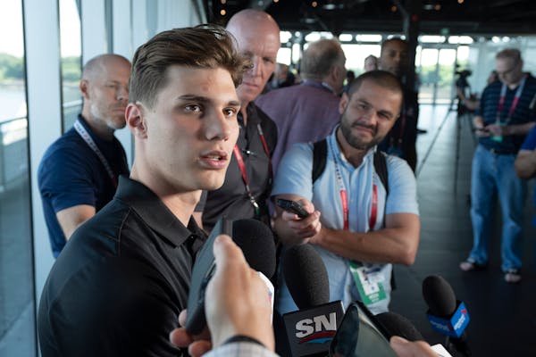 Juraj Slafkovsky of Slovakia talked to reporters in Montreal on Wednesday. He’ll be one of the top picks in the first round of the NHL draft.
